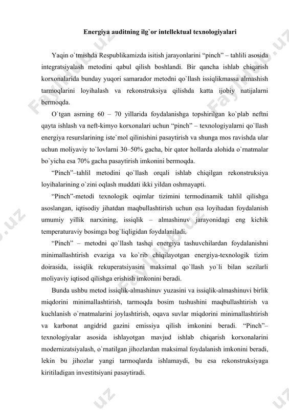 ab chiqarish korxonalarini modernizatsiyalash, o`rnatilgan jihozlardan maksimal foydalanish imkonini beradi, lekin bu jihozlar yangi tarmoqlarda ishlamaydi, bu esa rekonstruksiyaga kiritiladigan investitsiyani pasaytiradi. bundan tashqari, “pinch”–tahlil metodlari yordamida loyihaning o`zini oqlash muddati davomida, yuqorida sanab o`tilgan barcha omillar va kapital mablag`lar orasidagi narxli kompromissni aniqlash mumkin va hal qiluvchi oxirgi loyiha bu kompromissni qoniqtirmog`i lozim. ko`p qavatli turar – joy binolarida energetik yo`qotishlarning xarakterli joylari ko`p qavatli turar – joylaridagi energetik yo`qotishlarni konkret ob`ekt misolida ko`rib chiqamiz. toshkent shahri, buyuk ipak yo`li ko`chasidagi to`qqiz qavatli turar – joy uyining uchinchi qavatidagi ikki xonali xonadonda energiya iste`mol qilinishi aniqlandi. profil chizig`i: o`lchov obyektlari temp. [°c] nurlanish temp. akslanishi [°c] izox o`lchov nuqtasi 1 22,2 1,00 20,0 - o`lchov nuqtasi 2 22,7 1,00 20,0 - o`lchov nuqtasi 3 17,6 1,00 20,0 - o`lchov nuqtasi 4 16,6 1,00 20,0 - o`lchov nuqtasi 5 18,6 1,00 20,0 - o`lchov nuqtasi 6 20,0 1,00 20,0 - …