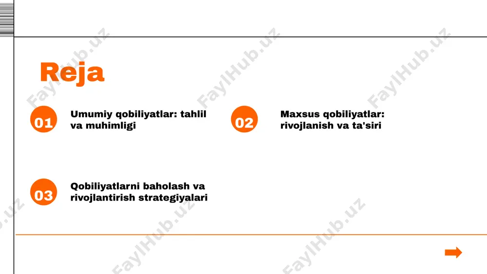 yatlar muhim ahamiyatga ega. ular ish jarayonida samaradorlikni oshiradi va jamoa a'zolari o'rtasida yaxshi aloqalarni o'rnatadi. shaxsiy rivojlanish umumiy qobiliyatlar shaxsiy rivojlanishda ham muhim rol o'ynaydi. ular o'z-o'zini anglash va shaxsiy o'sishni ta'minlashda yordam beradi. umumiy qobiliyatlar va maxsus qobiliyatlar ta'riflar umumiy qobiliyatlar - bu insonning turli faoliyatlarida qo'llaniladigan keng qamrovli qobiliyatlar bo'lib, muayyan bir soha yoki faoliyatga xos bo'lmagan ko'nikmalarni o'z ichiga oladi. masalan, mantiqiy fikrlash va muammoni hal qilish qobiliyatlari umumiy qobiliyatlar hisoblanadi. maxsus qobiliyatlar esa, aynan bir sohada chuqur bilim va mahoratga ega bo'lishni talab qiladigan, aniq va cheklangan ko'nikmalardir. misol uchun, dasturlash yoki musiqiy ijro qobiliyatlari maxsus qobiliyatlar sifatida ko'riladi. farqlar umumiy qobiliyatlar ko'proq umumiy ko'nikmalarga asoslangan bo'lsa, maxsus qobiliyatlar esa aniq bir soha yoki faoliyatga qaratilgan. umumiy qobiliyatlar odatda ko'p sohalarda foydali bo'lishi mumkin, maxsus qobiliyatlar esa o'z navbatida, umumiy qobiliyatlarni rivojlantirishda yordam beradi. masalan, muhandislik qobiliyatlari uchun umumiy matematik ko'nikmalar zarurdir. o'zaro bog'liqlik umumiy …