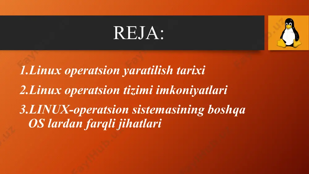 rofessor tanenbaum kitobini sotib olgan. "tasoddifiy inqilobchining hikoyasi" xotiranomasida linus: "kirish qismini o'qiganimdayoq, yuniks mohiyatiga tushunib, uni qudratli, mustahkam va go'zal operatsion tizim ekanligiga iqror bo'lganman, hamda o'sha zahotiyoq yuniks ishlay oladigan kompyuter sotib olgim kelgan," - deb yozadi. ot linux ot linux 1991 yili linus bo'lib-bo'lib to'lash sharti bilan intel 80386 protsessori asosida yangi kompyuter sotib oladi. kompyuterga miniks operatsion tizimini o'rnatib, miriqib bir oy o'rganadi, lekin foydalanish jarayonida unda tizimning ishlashiga juda ko'p shikoyatlar paydo bo'ladi. ulardan asosiysi masofadan ishlab ma'lumot kirituvchi terminal qismidir. bu qism yordamida linus uyidan universitet kompyuteriga ulanib, yangiliklar o'qimoqchi bo'lgan. bu muammoni yechish uchun yosh xaker o'zining terminali, shaxsiy dasturini yozishga kirishadi. u miniks tizimiga tayanmagan holda, kompyuterning apparat qismlariga muvofiq yangi, mustaqil dastur yaratadi. modomiki, yana, fayllarni universitetdan uyga tortib olmoqchi bolganligi sababli, yo'l-yo'lakay yangi fayl tizimini yaratadi. ot linux 1996 yil internetda bir necha linuks foydalanuvchilari yangi operatsion tizimning emblemasini (tamg'asini) …