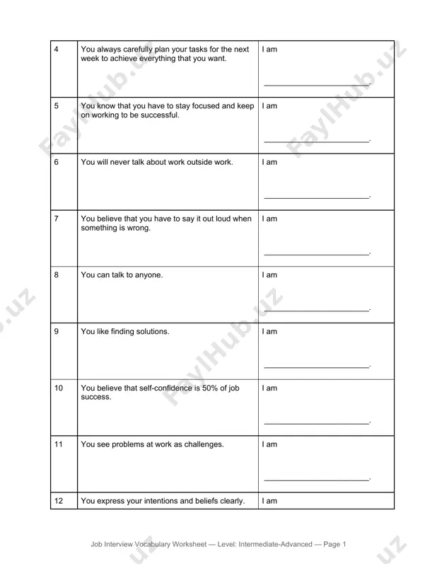 __________ ________________________________________________________________ ________________________________________________________________ ________________________________________________________________ ________________________________________________________________ exercise b. job interview questions & advice 3. read the questions (1-8). these questions are typical for a job interview. match the questions with the correct answers (a-h) and fill in the blanks next to each question. questions: 1) how are you today? answer: ___ 2) did you have any trouble finding us? answer: ___ 3) can you stick to deadlines? answer: ___ 4) how much do you expect to earn per month? answer: ___ 5) what are your strongest points as an employee? answer: ___ 6) what languages can you speak fluently? answer: ___ 7) what are your goals for the future? answer: ___ 8) have you got a car license? answers: a) i expect my monthly salary to be $10, 000. b) english, farsi, and norwegian. c) i see myself as a ceo of a marketing agency. d) no, i only have a …