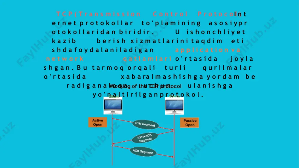 b) 2. yig'iluvchan qatlim - ba'zi turing ma'lumotlarni bo'luvchan holatga keltirish (beriladigan raqamli buyruqlar) 3. aloqa qatlimi - ip-protokollari va icmp protokollari. 4. transport qatlimi - tcp va udp protokollari. 5. sessiya qatlimi - aloqalar o'tkazmalarini tuzish (masalan http-session'lar) 6. presentatsiya qatlimi - ma'lumotlarni bajargan joyga mos keluvchi formatni namoyish qilish (masalan, ma'lumotlarni shifrlash, packing va unpacking, va boshqalar) 7. ma'lumotlar qatlimi - ma'lumotlar bazasida ishlash (masalan, sql to'plamlari) bu modellar kompyuter tarmoqlarini tashkil qilishda bajariladigan amaliyotlarni va protokollarni tartibga solishda qo'llaniladi. tcp/ip modelli dunyoviy tarmoqlar (masalan, internet) uchun o'zaro muomalani tuzatishda, esa osi modellari kompyuter tarmoqlari uchun yuritiladigan sohalarda, to'g'ri e'tibor berish usullarini taqdim etadi. tarmoq standartlarini tartibga soluvchi qo’mitalar. 1. international organization for standardization (iso) - bu orqali tarqatilgan standartlar ommaviy tarmoqlar, internet protokollar va tarmoq texnologiyalari kabi ko‘plab tarmoq standartlarini o‘z ichiga oladi. bu institutning yaratilgan standart nomlari, 7-qatlamli osi arxiv ma'lumotlarini yaxshilaydi. 2. institute of electrical …