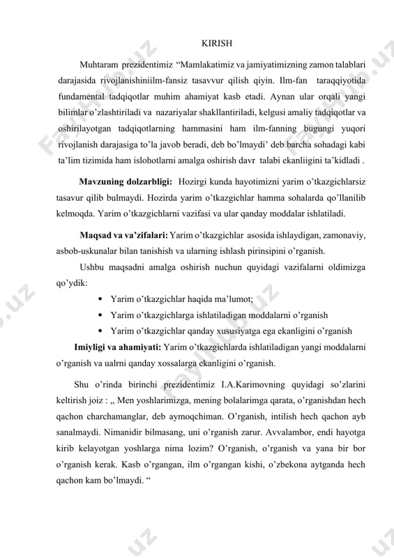 ar biz o’z vaqtida uzoqni ko’zlab, katta umid bilan hayotga kirib kelayotgan yoshlarimizning chuqur bilim va kasb – hunar egallashi uchun zamin yaratmasak, ularni zamon talab qiladigan mutaxasis kadrlar etib tayyorlamasak, bugungi kunda, butun dunyoni qamrab olgan moliyaviy iqtisodiy inqiroz davrida yurtimizda tinchlikni saqlab, iqtisodiyotimizning barqaror o’sish sur’atlarini taminlashga, ayni shunday og’ir sharoitda xalqimiz hayotining tobora yuksalishiga erisha olarmidik. yo’q, albatta. “ shunday ekan biz yoshlar bizga yaratilgan imkoniyatlardan unumli foydalangan holda o’qib izlanishimiz va olgan bilimlarimizni amalda qo’llay olishimiz kerak. 1.yarim o’tkazgichlarda elektron bizga ma’lumki qattiq jismlar–metallar, yarim o‘tkazgichlar va dielektriklar. qattiq jismlarning yana bir ko’rinishi mavjud – bu polimerlar. bu moddani alohida bo’limda ko’rib chiqamiz. kristallarda elektr o’tkazuvchanlikning qiymatiga qarab ularni 3 turga ajratamiz. =1010÷108om-1m-1metallarda, =10-8÷10-12om-1m-1dielektriklarda yarim o‘tkazgichlarda esa juda keng intervalda o‘zgaradi. =103÷10-9om-1m-1 ayniqsa temperaturaga juda uchli bog‘liq bo’ladi. 1-rasm. solishtirma qarshilikning temperaturaga bog’liqlik grafigi. yarim o‘tkazgichlarda elektr o‘tkazuvchanlik eksponensial o‘zgaradi. (1) – metallarda solishtirma qarshilikni temperatura …