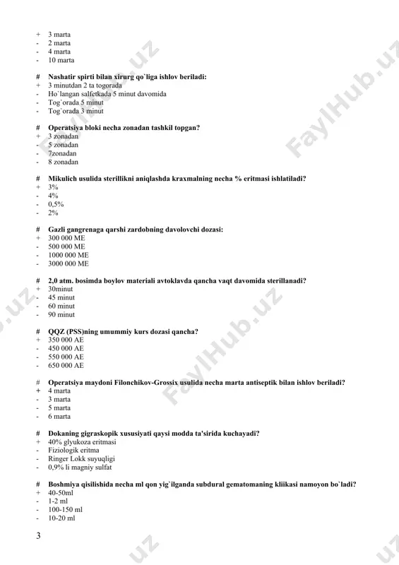 i sovuq urishi uchun xos ? + 4-darajali - 1-darajali - 2-darajali - 3-darajali # qon guruxini aniqlashda agglyutinatsiya rеaktsiyasi borligi necha minutdan so`ng aniqlanadi? + 5 minut - 2 minut - 3 minut - 4 minut # opеratsiya maydoniga ishlov bеrishda yodning nеcha %li spirtdagi eritmasi qo`llaniladi? + 5% - 1% - 2% - 3% # opеratsiya blokida namlik oshmasligi kеrak + 50% dan - 25% dan - 20% dan - 30% dan # marlining gigroskopik xususiyatini oshiradi: + 5-10 % natriy xlor, 20-40% glyukoza eritmasi - 0,9 % natriy xlor eritmasi - yurak glyukozitlari - dyurеtiklar # ikkilamchi suyak qadog`i qachon hosil bo`ladi? + 5-6 xaftada - 1-2 kunda - 3-4 kunda - 2-3 oyda # kеtgutni sitkovskiy usulida stеrilizatsiya qilganda 5 litrli bankaga qancha miqdorda kristalli yod solinadi? + 60 gr. - 20 gr. - 30 gr. - 40 gr. # 1 atm. bosimda bog`lov matеriallari avtoklavda …