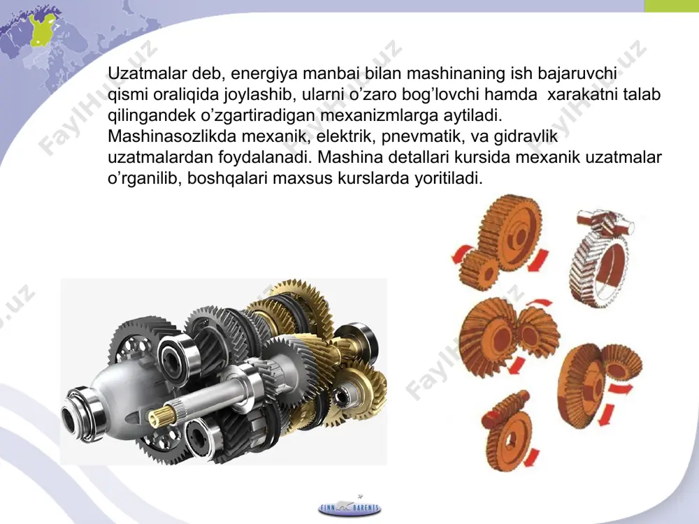darajasi variator-larning asosiy tavsiflaridan biri hisoblanadi. demak boshqarish darajasi quyidagicha bo’ladi: d = umax / umin = n2 max 1 / n2 min = d2 max / d1 min nazariy jihatdan olganda d­1 ning qiymati (d2 min → 0 bo’lgani uchun) cheksiz bo’lishi mumkin. rasmda ko’rsatilgan variatorning foyda-li ish koeffitsienti kichik bo’lsada, tuzilishi oddiy bo’lgani uchun ulardan kam quvvat mexanizm va asboblarda keng ko’lamda foydalaniladi. e’tiboringiz uchun rahmat! thank you attention!