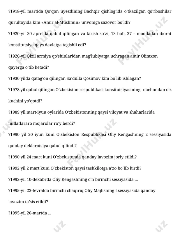 mir temur vasiyatiga ko'ra, uning o'rnini nabirasi pirmuhammad egallashi kerak edi, u qaysi hududlar hukmdori edi? ?amir temur xorazmga necha marotaba harbiy yurish uyushtirgan ?amir temurning hayotida ro'y bergan va bir umrga unga tan jarohatini muhrlagan voqea ?amir temurning uchinchi o`gli mironshoh mirzoning chevarasi ?amir тemur hukmronligi davrida yer va mulkka egalik qilishning eng ko'p tarqalgan shakli. ?amirlashkar aliquli vafot etgan yilni aniqlang. ?amirlikda amir qo’shininig bosh qo’mondoni kim hisoblangan? ?antropogenez nima? ?arab muhammadxonning o‘g‘illari otalariga qarshi isyon ko‘targan yillarda buxoroda hukmronlik qilgan shaxsni ko‘rsating ?arablar amudaryodan (jayxun) shimolda joylashgan yerlarga qanday nom berishadi. ?arxeologlarning afrika va yava orolida olib borgan tadqiqotlari sayyoramizda odamlar qachondan beri yashab kelayotganini ko’rsatadi? ?ashtarxoniylar chingizxonning qaysi o’g’li naslidan edi? ?ashtarxoniylar hukmronligi ?avesta- qaysi dinining muqaddas kitobi? ?avesto so’zining ma’nosi nima ? ?axmoniylar davrida o`rta osiyo nechta satrapliklarga bo`lingan ?bahovuddin roziy kimning elchisi edi ?beruniyning ma’lumotlariga ko’ra “avesto” nechta kitobdan iborat bo’lgan? ?boyazid ustidan qozonilgan …