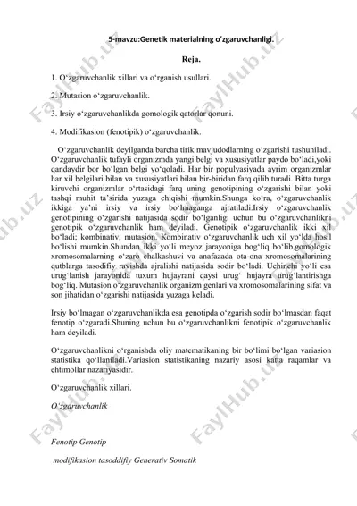 genetik materialning oʻzgaruvchanligi — DOCX