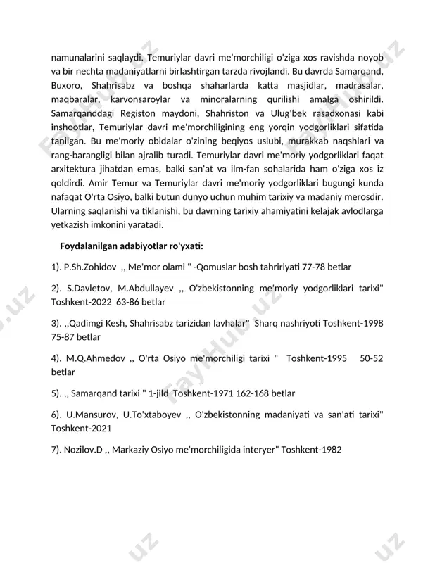 alar bilan bezatilgan. tagxonada bir necha tosh tobutlar saqlangan. [4:51,5:162] temuriylar xilxonasi- go'ri amir shuningdek, shohizinda majmuasida peshtoqli maqbaralar guruhi quriladi. ulug'bek davrida ijodiy izlanishlar samarasi dahmalarning me'moriy ko'rinishiga ham ta'sir o'tkazdi. shohizinda majmuasida sakkiz qirrali maqbara va hozirgacha qozizoda rumiy maqbarasi deb kelinayotgan (,, sulltonning onasi" uchun qurilgan, asli noma'lum maqbara quriladi. ulug'bek buxoro, g'ijduvon, shahrisabz, termiz, toshkentda ham noyob obidalar qurdirgan.[6,7] xulosa. amir temur va temuriylar davri me'moriy yodgorliklari o'rta osiyo va butun dunyo madaniy merosining muhim qismlaridan biri hisoblanadi. bu davrda qurilgan me'moriy inshootlar, asosan, amir temur va uning avlodlari tomonidan tashkillashtirilgan yirik qurilish loyihalarining natijasi sifatida paydo bo'ldi. me'moriy yodgorliklar, temuriylar hukmdorlarining kuchini, ulug'vorligini va madaniy yuksalishini aks ettirib, o'zida islom me'morchiligining ajoyib namunalarini saqlaydi. temuriylar davri me'morchiligi o'ziga xos ravishda noyob va bir nechta madaniyatlarni birlashtirgan tarzda rivojlandi. bu davrda samarqand, buxoro, shahrisabz va boshqa shaharlarda katta masjidlar, madrasalar, maqbaralar, karvonsaroylar va minoralarning qurilishi amalga …