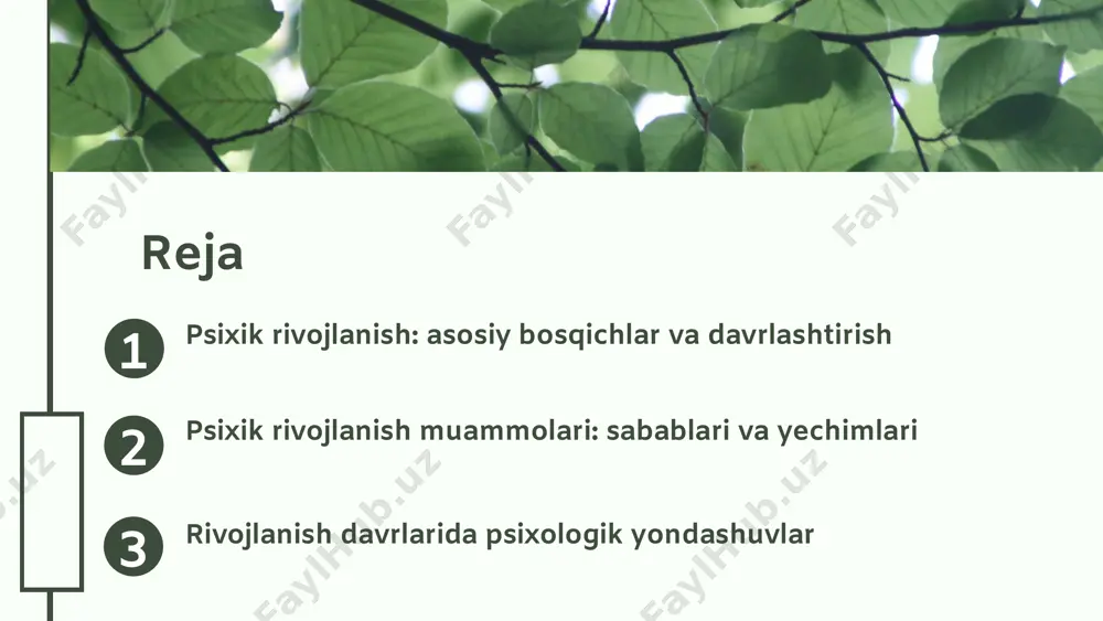 ogik sog'lig'iga sezilarli ta'sir ko'rsatadi va murakkab vaziyatlar yaratishi mumkin. psixik rivojlanishdagi to'siqlar, xususan, hissiy va ijtimoiy qiyinchiliklar, shaxsni rivojlanishidan to'sqinlik qiladi. bunday holatlarda psixologik yordam va qo'llab-quvvatlash muhim ahamiyatga ega. 04.26.24 04.26.24 psixik rivojlanish muammolarining yechimlari psixik muammolarni bartaraf etish usullari psixik rivojlanish muammolarini hal etish uchun bir nechta usullar mavjud. bular orasida individual maslahat, guruh terapiyasi va o'z-o'ziga yordam metodlari mavjud. yechimlarning samaradorligini oshirish uchun hamkorlik va doimiy o'qish muhimdir. psixologlar, oilalar va jamiyat birgalikda ishlashi kerak. psixologik yondashuvlar orasida kognitiv-behavioral terapiya, psixodrama va san'at terapiyasi kabi metodlar keng qo'llaniladi. 04.26.24 04.26.24 psixologik yondashuvlar tarixi psixologik yondashuvlar tarixi psixologiya fanining rivojlanishida muhim ahamiyatga ega. ushbu slaydda psixologik yondashuvlarning tarixiy bosqichlari muhokama qilinadi. psixologik yondashuvlar tarixiy bosqichlariga klassik, xulq-atvoriy, kognitiv va gumanistik yondashuvlar kiradi. klassik yondashuvlar klassik davrda psixologiya falsafiy va tabiiy fanlar bilan bog'liq edi, jarayonlar esa intellektual tushunchalar orqali izohlandi. xulq-atvoriy yondashuvlar xulq-atvoriy yondashuvlar 20-asrda paydo bo'lib, …