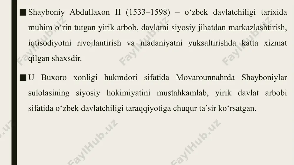 . soliq tizimi tartibga solindi, aholiga og‘irlik qilmaydigan me’yoriy soliqlar belgilandi. davlat boshqaruvi va ijtimoiy siyosat abdullaxon ii davlat boshqaruvini markazlashtirish uchun keng ko‘lamli islohotlar qildi. amaldorlarning faoliyati qat’iy nazorat ostiga olindi, soliq yig‘uvchilar suiiste’molining oldi olindi. harbiy, diniy va ma’muriy tabaqalar faoliyati tartibga solindi. shariat va adolat tamoyillari davlat boshqaruvida muhim mezon sifatida qo‘llanildi. ilm-fan va madaniyatga homiylik abdullaxon ii davrida ilm-fan va madaniy hayot jonlandi. buxoro va samarqandda madrasa va masjidlar qurildi, ilmiy muhit rivojlandi. hofiz tanish buxoriyning “sharafnomayi shohiy” (tarixi abdullaxoniy) asari shu davrda yozilgan bo‘lib, unda abdullaxon ii faoliyati va davr voqealari batafsil bayon etilgan. adabiyotda she’riyat, tarixnavislik, diniy-falsafiy asarlar rivojlandi. me’morchilikda ham katta yutuqlar ko‘zga tashlandi. masalan, buxoro va balxda madrasa, masjid va boshqa obidalar bunyod etildi. diplomatik faoliyati abdullaxon ii qo‘shni davlatlar bilan murakkab munosabatlar olib bordi. eron safaviylari bilan kurash olib bordi, biroq ko‘p hollarda muvaffaqiyatga erisholmadi. movarounnahr hududida turkiy xalqlarning siyosiy birlashuvi, …