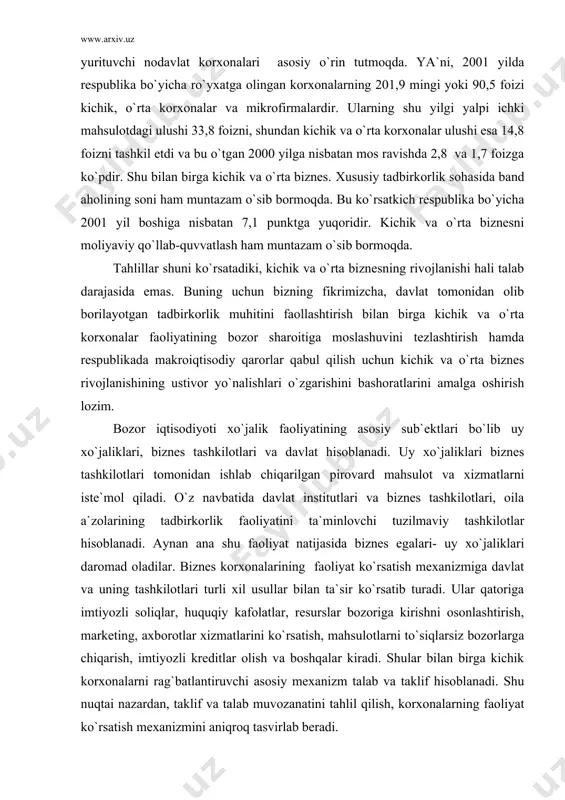 ozli soliqlar, huquqiy kafolatlar, resurslar bozoriga kirishni osonlashtirish, marketing, axborotlar xizmatlarini ko`rsatish, mahsulotlarni to`siqlarsiz bozorlarga chiqarish, imtiyozli kreditlar olish va boshqalar kiradi. shular bilan birga kichik korxonalarni rag`batlantiruvchi asosiy mexanizm talab va taklif hisoblanadi. shu nuqtai nazardan, taklif va talab muvozanatini tahlil qilish, korxonalarning faoliyat ko`rsatish mexanizmini aniqroq tasvirlab beradi. kichik va o`rta biznes istiqboli bozor iqtisodiyoti sharoitida talab va taklif kichik va o`rta biznes korxonalarini samarali faoliyat olib borishga undaydigan mexanizm sifatida namoyon bo`ldi. agarda korxonalar ishlab chiqarayotgan mahsulotlar bozor talablariga to`liq- javob bersa, demak korxonaning ushbu mahsulotlarni sotishdan oladigan daromadlari o`sib boradi va korxona qo`shimcha kengayish imkoniyatlariga ega bo`ladi. ikkinchi tomondan, tovarlarning narxi ishlab chiqaruvchilarga bozorda bo`ladigan o`zgarishlar to`g`risida signal bo`lib xizmat qiladi. tovarlarning bozordagi narxlari oshishi bilan ishlab chiqaruvchilarga raqobat paydo bo`ladi va ular bozorga ko`plab mahsulotlar chiqara boshlaydilar. shularni hisobga olib kichik va o`rta biznes korxonalari faoliyati ko`rsatkichlarini ekonometrik modellashtirishning uslubiy asoslari tadqiq qilinadi va ular …