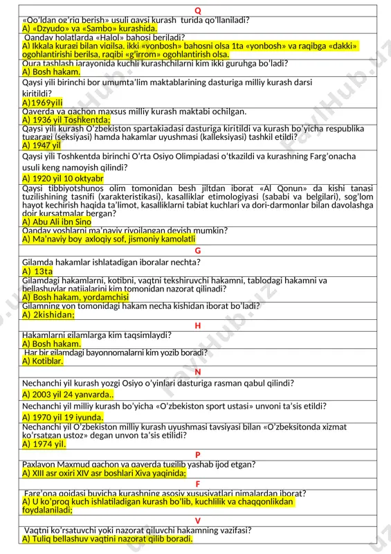 kurashchi tomonidan qullanilgan har bir usulni boshlashdan oldin o’rtadagi hakam qanday komanda beradi? a) «tuxta». kurash hakamlari formasi (kiyimi) qanday bo’lishi kerak? a ) qora kastyum va shim ok kuylak, qora galustuk va qora paypoq kurashchi tomonidan usul bajarilganda necha sekund ichida uni baholab kurashni davom etirish kerak? a) 2x3 sekund. kurash bo’yicha 1 chi jaxon chempionati qachon va qayerda o’tkazilgan? a) 1999 yil toshkentda. kurash bo’yicha 2 chi jaxon chempionati qachon va qayerda o’tkazilgan? a) 2000 yil antaliyada (turkiya). kurash bo’yicha 3 chi jaxon chempionati qachon va qayerda o’tkazilgan? a) 2001 yil budapeshtda. kurash bo’yicha 4 chi jaxon chempionati qachon va qayerda o’tkazilgan? a) 2002 yil yerivanda. kurash bo’yicha 5 chi jaxon chempionati qachon va qayerda o’tkazilgan? a) 2005 yil toshkent. kurash bo’yicha 1 chi yevropa chempionati qachon va qayerda o’tkazilgan? a) 1999 yil minskda. kurash bo’yicha 1 chi osiyo chempionati qachon va qayerda o’tkazilgan? a) 2001 yil toshkentda. …