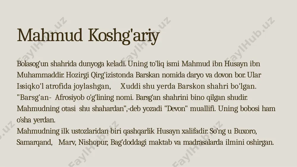 modul-avval boshlarida boshlandi va to'rt karra yozilgan (ko'chirilgan)dan va tuzatilgandan so'ng 466-yil jumodul-oxirning 12-kuni (1074-yil) bitirildi". muallif o'z asarida: arab tili bilan ikki uloqchi ot sinagri teng poyga qilib, o'zib borayotgan turk tilini" ko'klarga ko'taradi, uning o'ziga xos xususiyatlarinj mahorat bilan ko'rsatib beradi. "devon" sahifalari orqali tanishish ko'z oldimizda mahmud koshg'ariyni geograf, botanik, zoolog, biolog, etnograf, tilshunos, folklorshunos, adabiyotshunos,tarixchi olim sifatida namoyon qiladi. "devon lug'ot at-turk" asaridan namunalar yigitlaring ishlatu, yig'ach yemish irg'atu, qulan, keyik avlatu, bazram qilip avnalim. erdi ashin tutaturg'an, yavlaq yag'ig' qachurg'an, o'g'raq susan qaytarg'an, basti o'lum axtaru. i qilishim erig bo'ldi, eric bo'lg'u yeri ko'rdi. bulit o'rub ko'k o'rtuldi, tuman turub to'li yag'di. qaqlar qamug' ko'lardi, tag'lar bashi ilardi. ajun tini yilirdi, tu-tu chechak cherkashur. alp er tonga marsiyasi, "oltin qon" rivoyati, yabog'ular, tangutlar bilan bo'lgan janglar haqidagi parchalar, shuningdek, ayrim shaxs va joylar bilan bog'liq afsonalar shular jumlasidan. bu yodgorlik vositasida xi asrgacha bo'lgan adabiyotdaкрgаткiо …