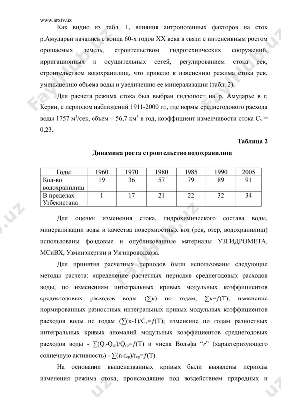 ца 2 динамика роста строительство водохранилищ годы 1960 1970 1980 1985 1990 2005 кол-во водохранилищ 19 36 57 79 89 91 в пределах узбекистана 1 17 21 22 32 34 для оценки изменения стока, гидрохимического состава воды, минерализации воды и качества поверхностных вод (рек, озер, водохранилищ) использованы фондовые и опубликованные материалы узгидромета, мсивх, узминэнергии и узгипроводхоза. для принятия расчетных периодов были использованы следующие методы расчета: определение расчетных периодов среднегодовых расходов воды, по изменениям интегральных кривых модульных коэффициентов среднегодовых расходов воды (∑к) по годам, ∑к=ƒ(т); изменение нормированных разностных интегральных кривых модульных коэффициентов расходов воды по годам (∑(к-1)/сv=ƒ(т); изменение по годам разностных интегральных кривых аномалий модульных коэффициентов среднегодовых расходов воды - ∑(qi-qср)/qср=ƒ(т) и числа вольфа “r” (характеризующего солнечную активность) - ∑(ri-rср)/rср=ƒ(т). на основании вышеназванных кривых были выявлены периоды изменения режима стока, происходящие под воздействием природных и антропогенных факторов. за расчетный период определены средние значения расходов воды (см. табл. 1). режим стока реки …