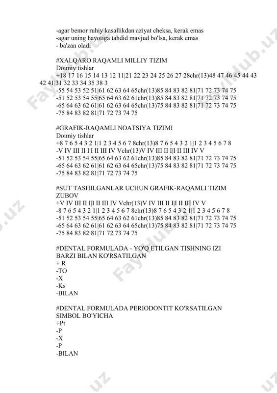-№ 086/u -№ 067/u -№ 04/u #tibbiy arahalashga rozilik berilgan sana + yozma ravishda -fuqarolik shartnomasi shaklida - notarial shaklda -sud qarori asosida -og'zaki #asosiy tibbiy hujjat poli̇klinikadagi tish bemor is + stomatologik bemorning tibbiy kartasi (№ 043/u shakl) - stomatolog (tish shifokori) ishining kunlik hisobi varaqasi stomatologiya klinikasi, bo'lim, kabinet (shakl no 037/u-88) -dispanser kuzatuvining nazorat kartasi (030/u shakl) - og'iz bo'shlig'ini profilaktik tekshiruvlar jurnali (№ 049/u shakl). - og'iz bo'shlig'ini profilaktik tekshiruvlar jurnali (№ 06/u shakl). #jurnalning to'g'ri to'ldirilishini nazorat og'iz bo'shlig'ini profilaktika nazorati (shakl no 049/u) uchun hisobi o'tkaziladi. +kafedra mudiri -tibbiy tashkilotning bosh vrachi - registrator -statistik - hamshira #stomologal basorning tibbiy kartasi (form № 043/u) tibbiyot tashkiloti tomonidan bemor uchun so‘raladi. + dastlabki tashrifda - har bir qo'ng'iroqda -yilda bir marta - har besh yilda bir marta - haftada bir marta #tibbiy karttaning #passport qismi to'ldirilish to'ldirilishi to'ldirilishi to'ldirilishi to'ldirilish to'ldirilishi to'ldirilishi to'ldirilishi to'ldirilishi to'ldirilish …