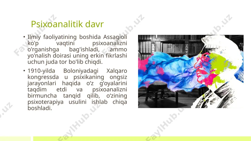 mentlarini rivojlantirish psixikaning turli elementlarini muvofiqlashtirish va bo'ysundirish, shaxsning uyg'un integral tuzilishini bilish. amaliy dastur qo'llash sohasi va maqsadiga qarab, psixosintez quyidagilar bo'lishi mumkin : shaxsning o'zini o'zi bilish va o'z-o'zini rivojlantirish usuli bilan ; davolash usuli (asosan chegaradagi neyropsikiyatrik kasalliklar va psixosomatik kasalliklar ); ta'lim usuli bo'yicha . 19 22 июля 2012 г. текст нижнего колонтитула psixosintez nevrotik kasalliklar, depressiv holatlar, psixosomatik kasalliklar, giyohvandliklarni davolashda, psixokorreksiya ishlarida, ayniqsa inqirozli vaziyatlarda, bolalar va kattalarda ijodiy qobiliyatlarni rivojlantirishda qo'llaniladi . psixosintez institutlari va markazlari mavjud . e’tiboringiz uchun rahmat 20 22 июля 2012 г. текст нижнего колонтитула image1.jpeg image2.jpeg image3.jpeg image6.jpeg image7.jpeg image8.jpeg image9.jpeg image10.jpeg image11.jpeg image12.jpeg image13.jpeg image14.jpeg image15.png image16.jpeg image17.jpeg image18.png image19.png image20.jpeg image21.jpeg /docprops/thumbnail.jpeg