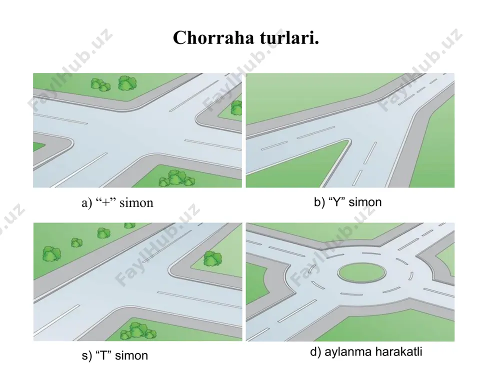 `ngga harakatlanishga, piyodalarga qatnov qismini kesib o`tishga ruhsat beriladi. oldi va orqa tomondan barcha transport vositalari va piyodalarning harakatlanishi taqiqlanadi. 2-holat. qo`lini yuqoriga ko`targanda barcha yo`nalishdagi transport vositalariga va piyodalarga harakatlanish taqiqlanadi. 3-holat 1.chorraha yoki tutashmaga kirib kelishda bir yo`nalish bo`yicha harakatlanayotgan va ularning birining o`zaro yo`nalishdan chapga va o`nga burilishi bilan harakat tezligi hamda qatnov qismida o`z o`rnini va harakatdagi o`zgarish vujudga kelishi bilan ziddiyat vujudga keladi. ya`ni burilayotgan transport vositasi boshqa transport vositalarining tezligini o`zgartirishiga, ma`lum bir vaqtga ushlanib qolishlarga sabab bo`ladi. 2.chorraha yoki tutashma hududida transport vositalari harakat yo`nalishlari kesishishi natijasida ushlanib qolishlar va falokatli holatlar vujudga kelishi bilan tezlikni keskin kamaytirish talab etiladi. 3.chorraha va tutashmadan chiqib ketishda asosan transport vositalarining har xil yo`nalishdan bir yo`nalishda jamlanish vaqtidagi ushlanib qolishlar oqibatida ziddiyatli holat vujudga keladi. ikkinchidan chapdan va o`ngdan burilish bilan chiqib keluvchi transport vositalari piyodalar paydo bo`lgan payitlarda ularga yo`l berish uchun tezlikni pasaytirishi va …