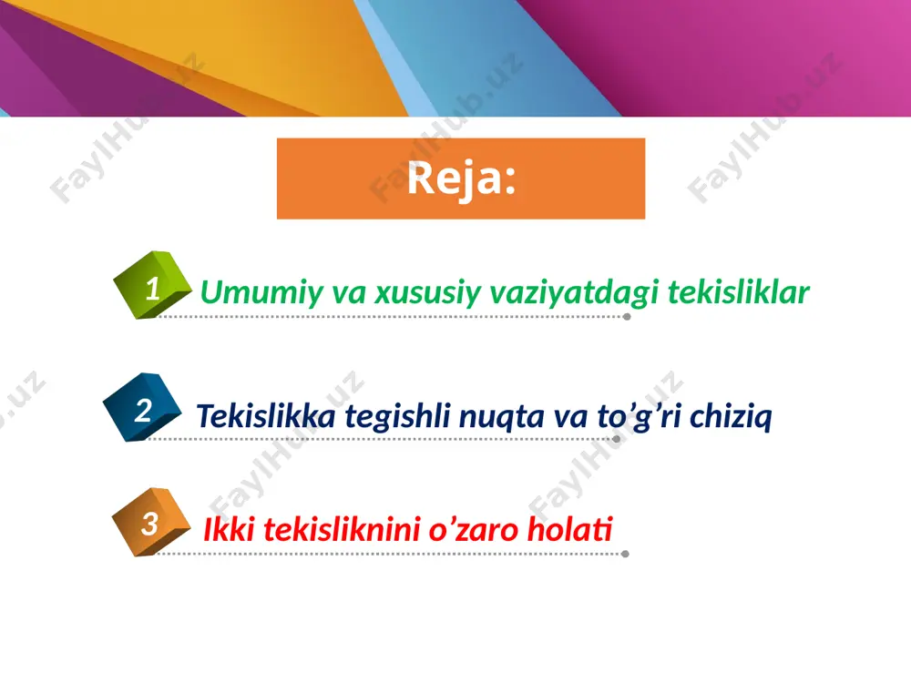 ya‘ni h″ox bo’ladi, tekislik gorizontalining gorizontal proyeksiyasi esa tekislikning ph iziga parallel, ya‘ni h′ph bo’ladi (4.4-rasm). tekislikning bosh chiziqlari tekislikning gorizontali ta’rif. tekislikka tegishli to’g’ri chiziq h tekisligiga parallel bo’lsa, bu to’g’ri chiziq tekislikning gorizontali deyiladi. 4.4 - rasm bunda hp hamda h∥h bo’lsa, h to’g’ri chiziq p tekislikning gorizontal chizig’i bo’ladi. tekislikning frontali bunda fp hamda f∥v bo’lsa, f to’g’ri chiziq p tekislikning frontal chizig’i bo’ladi. ta’rif. tekislikka tegishli to’g’ri chiziq v tekisligiga parallel bo’lsa, bu to’g’ri chiziq tekislikning frontali deyiladi. 4 . 5 - rasm umuman, chizmada tekislikning cheksiz ko’p bosh chiziqlarini o’tkazish mumkin. tekislikning bir nomli bosh chiziqlari (masalan, gorizontallari) hamma vaqt bir-biriga 4.6-rasm parallel bo’ladi. ammo proyeksiyalar tekisligidan talab qilingan masofada tekislikning faqat bitta bosh chizig’ini o’tkazish mumkin. xususiy vaziyatdagi tekisliklar. agar tekislik proyeksiyalar tekisligining biriga perpendikulyar yoki parallel bo’lsa, uni xususiy vaziyatdagi tekislik deb ataladi. gorizontal proyeksiyalovchi tekislik ta’rif. gorizontal proyeksiyalar tekisligiga perpendikulyar tekislik gorizontal …