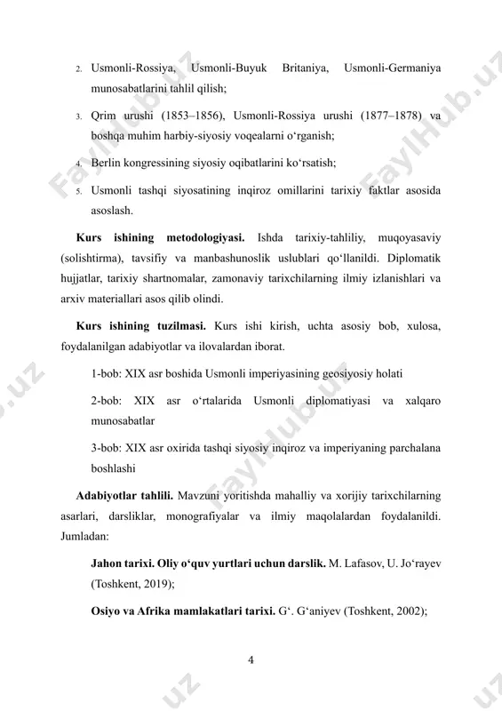 asarlari, darsliklar, monografiyalar va ilmiy maqolalardan foydalanildi. jumladan: jahon tarixi. oliy o‘quv yurtlari uchun darslik. m. lafasov, u. jo‘rayev (toshkent, 2019); osiyo va afrika mamlakatlari tarixi. g‘. g‘aniyev (toshkent, 2002); shark masalasi va usmonlilar. f. ahmad (turk tarixiy jamiyati nashrlari); jahon tarixi bo‘yicha turk tarixchilari tadqiqotlari – halil inaljık, ilber ortaylı va boshqalar; internet manbalari: britannica, turk tarih kurumu, jstor’dagi maqolalar. i bob. xix asr boshida usmonli imperiyasining geosiyosiy holati 1.1. usmonli imperiyasi va yevropa davlatlari o‘rtasidagi munosabatlarning tarixiy ildizlari usmonli imperiyasi va yevropa davlatlari o‘rtasidagi munosabatlar uzoq tarixiy ildizlarga ega bo‘lib, bu munosabatlar xv asrdan boshlab, ayniqsa konstantinopol (hozirgi istanbul)ning 1453-yilda fath etilishi bilan yanada murakkablashdi. usmonlilar vizantiya imperiyasining sobiq poytaxtini egallagach, nafaqat sharqiy yevropa, balki butun o‘rta yer dengizi hududida strategik ustunlikka ega bo‘ldilar. bu holat o‘z navbatida yevropa xristian davlatlari bilan to‘qnashuvlar, raqobat va keyinchalik diplomatik aloqalarning kengayishiga sabab bo‘ldi. dastlab, usmonli imperiyasi va yevropa davlatlari o‘rtasidagi …