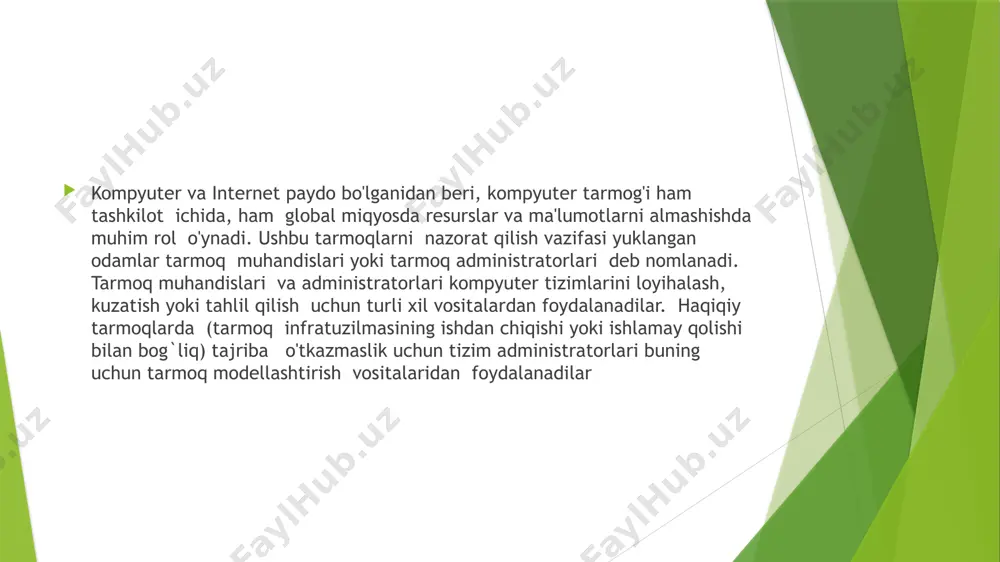 i. bundan farqli o'laroq, netsim bu kamchilikni bartaraf etish va tarmoqning haqiqiy xatti-harakatlarini taqlid qilish uchun boson tomonidan ishlab chiqilgan texnologiyalardan foydalanadi. ushbu texnologiyalar boson netsim foydalanuvchilariga cisco ios qanday ishlashini yaxshiroq tushunish uchun xayoliy amaliylardan ancha uzoqroqqa borish imkonini beradi. boson netsim network emulator network emulator dasturi 1997 yil boshida yaratilgan. loyiha, aslida, o'z foydalanuvchisiga turli darajadagi texnologiyalarning barcha asosiy sirlarini o'rgatadigan dasturga aylandi: asosiy tushunchalardan tortib, tarmoq paketlarining alohida maydonlarini qayta ishlashning o'ziga xos xususiyatlariga qadar. dastur oddiy " paketli router" dan virtual mashinalarning aqlli tashkilotchisiga o'tdi: istalgan kompyuterda haqiqiy dasturlarga o'xshash bir nechta dasturlarni ishga tushirishingiz mumkin. uzoq va keng tarqalgan bo'lib ishlatiladigan tarmoq modellashtirish vositalaridan biri ns-2 simulyatoridir. bu erkin tarqatiladigan ochiq kodli c ++ dasturiy mahsulotidir network emulator opnet simulyatori opnet - bu dastur yaratuvchilariga ilmiy ishlarni topshirish sharti bilan, ta`lim maqsadlarida bepul foydalanish imkoniyati bo`lgan tijorat mahsulot. opnet juda do‘stona foydalanuvchi interfeysi va mukammal …