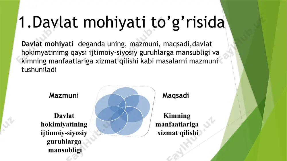demokratik nazariya - hokimiyatni bir guruhga emas, balki ko‘p guruhlar o‘rtasida taqsimlash asosiy tamoyil hisoblanadi. tarixiy matealistik nazariya - davlatni tushunishda iqtisodiy tuzilma va sinfiy kurash asosiy omillar sifatida qaraladi. davlatning mohiyati masalasi - davlat hokimyati kimga tegishli, uni kim va qaysi manfaat yo’lida amalga oshiradi degan savolgajavob berish orqali yoritiladi xulosa foydalanilgan manbalar davlat va huquq nazariyasi darslik. islomov davlat va huquq nazariyasi darslik. odilqoriyev davlat va huquq nazariyasi darslik. saydullayev scienceweb.uz etiboringiz uchun rahmat image1.png /docprops/thumbnail.jpeg