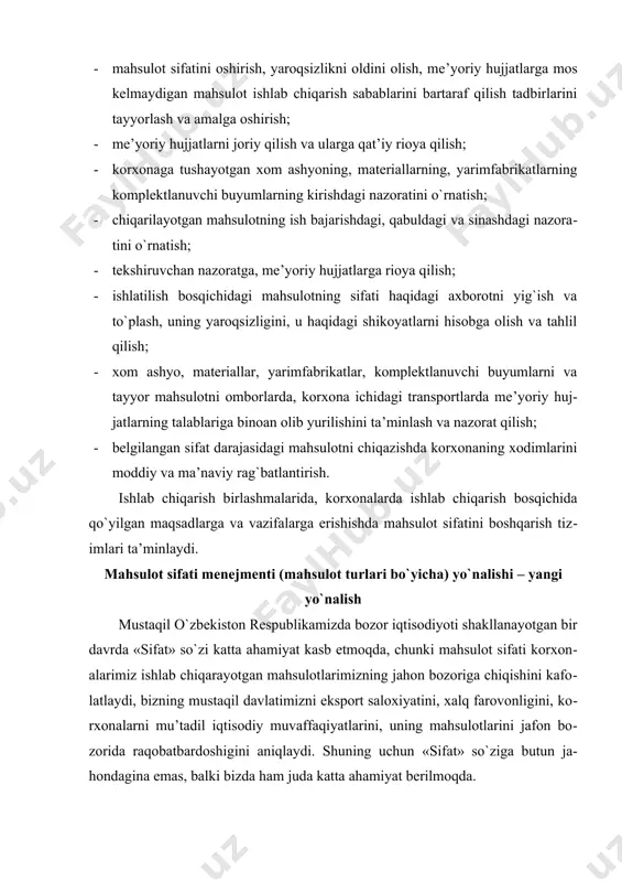 i ko`pchilik tushunmaydi. axir oldinlari bizning bozorimiz yopiq va unda raqobat bo`lmasdi. jahon iqtisodiyotining globallashuvi sharoitida, haqiqiy va keskin raqobat sharoitida o`sib jahonning etakchi firmalari bilan yuzma-yuz uchrashdik. ular jahon bozorini o`zaro bo`lib olishibgina qolmay, izchillik bilan bizning bozorga ham kirib kelmoqdalar. shuning uchun, jahon etakchi firmalariga qarshi qo`ya olinadigan sifat boshqaruvi tizimlarini yo`lga qo`yishimiz kerak. moddiy jihatdan bizning mahsulotlarimiz ancha arzon bo`lishiga qaramasdan, ko`pgina hollarda g`arb mamlakatlarinikidan qolishmaydi. shunday ekan, nega ularni rivojlangan mamlakatlarga sotish hanuzgacha mushkul bo`lib kelmoqda? buning sababi, bizda sifat menejmenti tizimi haqida etarli axborot yo`q edi. shunga karamay, mahsulotni raqobatbardoshligini ta’minlaydigan tizimlar ko`pgina korxonalarga ma’lum va ko`pchilik foydalanish imkoniyatiga ega. va bu erda asosiy rolni xalqaro standartlar o`ynaydi. avvallari bizning korxonalarimiz, asosan, mahsulotning o`zini sertifikatlashtirish etarli deb hisoblar edilar. endi esa bu etarli emas, iste’molchining psixologiyasi o`zgardi. bugungi iste’molchi, ishlab chiqaruvchidan o`ziga zarur bo`lgan, kerakli sifatga ega bo`lgan mahsulotni doimo olishga ishonch hosil qilishni talab …
