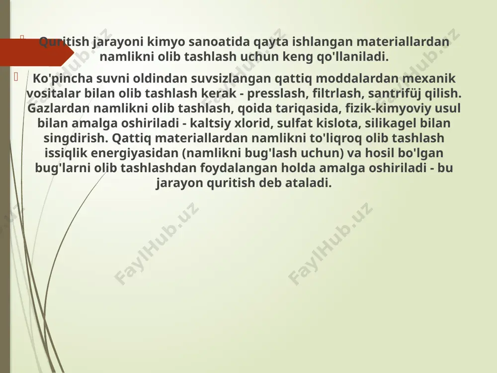 m quritish o'rtasida farqlanadi. quritish sxemalari asosiy va oddiy havo bilan quritish jarayoni eng keng tarqalgan quritish jarayoni bo'lib, unda havo quritgichdan oldin oldindan isitgichda faqat bir marta isitiladi va quritgichdan bir marta o'tadi. tutun gazlari bilan quritish odatda asosiy texnologik sxema bo'yicha, kamroq tez-tez aylanish sxemasiga muvofiq amalga oshiriladi. quritish uchun tutun gazlari va havo aralashmasi ishlatiladi va olov qutisida hosil bo'lgan gazlar ma'lum bir materialni quritganda haroratni ruxsat etilgan maksimal darajaga tushirish uchun havo bilan suyultiriladi. tutun gazlari bilan quritishning havo bilan quritish bilan solishtirganda asosiy afzalligi hisoblanadi. 1) yuqori namlik - chiqindi gazlarining yutilish qobiliyati; 2) yoqilg'i sarfini kamaytirish; 3) quritish o'rnatishni soddalashtirish, chunki havoni isitish uchun qurilmalarga ehtiyoj yo'q. qurilma quritgichlar quritgichlarning dizayni juda xilma-xil va bir necha jihatdan farqlanadi: issiqlik ta'minoti usuli - konvektiv va kontaktli quritgichlar; ishlatiladigan sovutish suvi - havo, tutun gazlari, bug ', elektr isitish ; jarayonni tashkil etish usuli - partiyali …