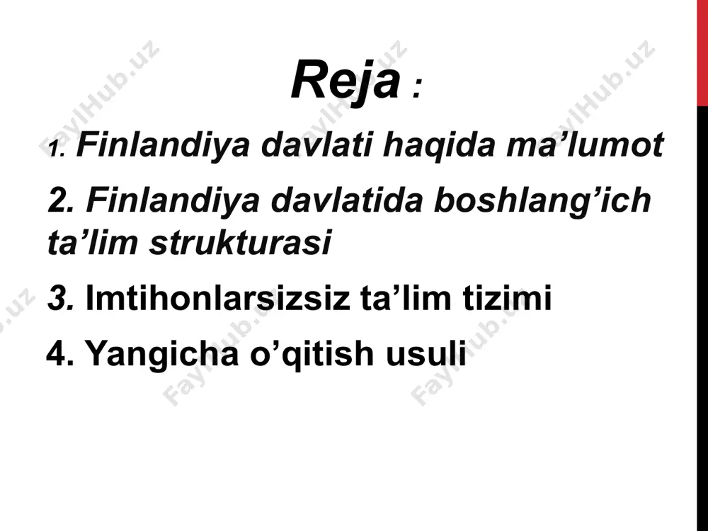 diya maktablarida imtihonlar yo'q. o'qituvchilar o'zlarining xoxishlariga ko'ra nazorat ishi o'tkazishlar mumkin, ammo faqat 16 yoshda o'rta maktabni bitirish arafasida o'tkaziladigan test sinovlarigina majburiy hisoblanadi. yangicha o'qitish usuli fin ta'lim tizimining yangi yo'nalishlaridan biri – muayyan fanlar o'rniga hodisalarni o'rganishdir. darslar o'rniga 6 haftalik “bo'limlar” mavjud bo'lib, unda o'quvchilar bir mavzuni har turli nuqtayi nazardan o'rganadilar. masalan, muhojirlar mavzusi geografik jihatdan , tarixiy jihatdan , madaniy jihatdan o'rganilishi mumkin. bolalar o'zlari savol tuzadilar va o'zlari unga javob izlaydilar. eng zo'r finlandiya o'qituvchilari helsinki universiteti pedagogika ta'lim fakulteti uchun tanlov o'ringa 20 kishini tashkil etadi. bolalarga dars berishni xoxlovchilar soni ish o'rnidan 10 barobar ko'pdir. o'qituvchilik finlyandiyada nufuzli kasb hisoblanadi va bolalarni eng yaxshilari o'qitadi. hayotga tayyorlovchi ta’lim tizimi fin maktabida hayotda foydasi tegadigan narsalar o'rgatiladi. suzish darsida odam cho'kayotganligidan darak beruvchi belgilar, uy bekaligi darsida esa ovqat pishirish, to'qish va tikish o'rgatiladifin maktabida hayotda foydasi tegadigan narsalar o'rgatiladi. suzish darsida …
