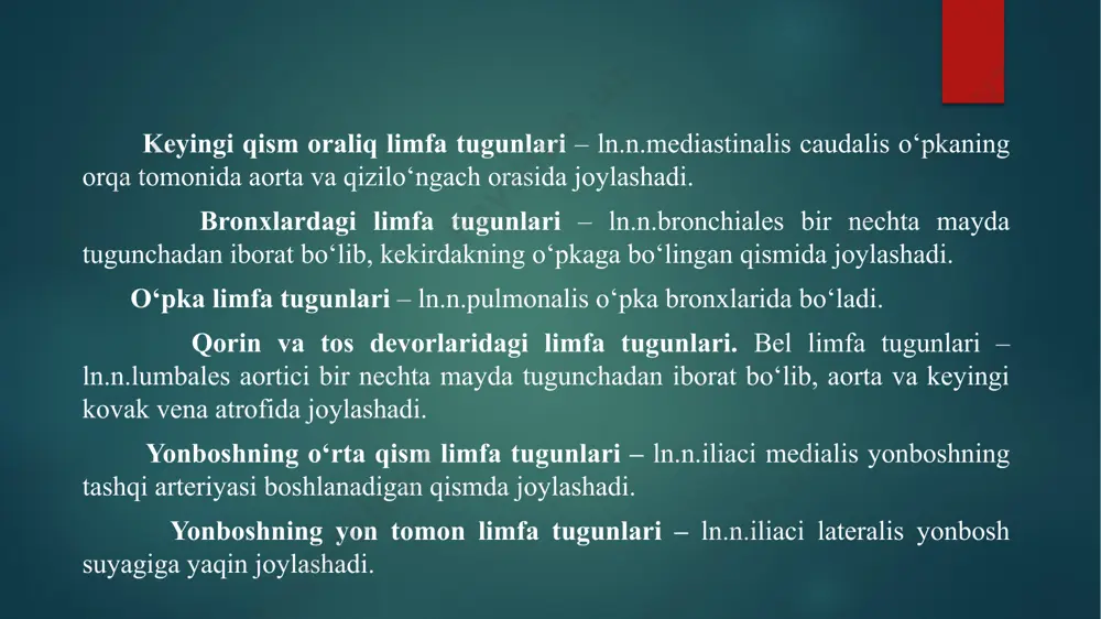 egmentlari orasidan chiqib dorsal tarmog‘i belning yuqori tomon muskullariga, ventral tarmog‘i esa bel chigali – plexus lumbalis ni hosil qiladi. undan qo‘yidagi nervlar chiqadi: 1 yonbosh – qorin devori – n. iliohypogastericus. l – 1 bel, qorin devori muskullari, elin, jinsiy a'zoga 2 yonbosh chov n. – n. ilioinguinalis l – 2 bel, qorin devori muskullariga, elin, jinsiy organlarga 3 tashqi urugdon n. – n. spermaticus externa l 2 – 3 – 4 urg‘ochi hayvonlarda sut beziga, erkaklarda yorg‘oqga 4 bel – teri n. – n.psoalica cutaneus l 3 – 4 – 5 bel muskullari va tizza terisiga 5 son nervi n. – n.femoralis l 4 – 5 – 6 qonning to‘rt boshli muskuliga 6 yopiluvchi n. – n. abturatorius l 4 – 5 – 6 tos–son bo‘gimi muskullariga dumg‘aza nervlari – n.sacralis orqa miya kanalidan chiqib dorsal tarmoqlari dorsal tomonda joylashgan muskullar va terisiga boradi, ventral tarmoqlari esa dumg‘aza …