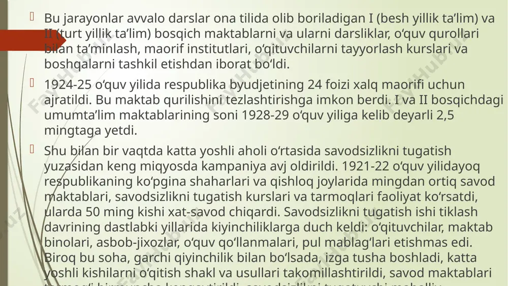 xalqning bilimga bo‘lgan intilishi kun-sayin kuchayib borishi natijasida umumiy savodxonlik o‘sdi, bu narsa millatning ma’naviy imkoniyatlari yuksalishiga, ijodiy faoliyati ortib borishiga yordam berdi. shunday bo‘lsada, bu jarayonlar partiyaning madaniy sohada zo‘rlik ko‘rsatishi tufayli mushkulliklarga uchradi. xalq maorifida bu narsa avvaliga milliy ta’lim shakllari yoyiladigan sohalarni cheklab qo‘yish, keyinchalik esa ularni butunlay yo‘q qilib yuborishda o‘z aksini topdi. chunonchi, 20-yillarning boshlarida sovet maktablari bilan birgalikda eski usul maktablari, diniy tashkilotlar tomonidan ta’minlab boriladigan vaqf maktablari va madrasalari ham ishlab turar edi. 1925 yilda o‘zbekistonda 97 ta vaqf maktablari va 1,5 mingdan ortiq eski maktablar bo‘lib, ulardan 250 tasi yashirin holda ish olib borgan. lekin sovet hokimiyatining insonparvarlikka zid siyosati natijasida ular 1928 yilga kelib o‘z faoliyatini amalda tugatdilar. 1930 yili umumiy boshlangich ta’limning joriy etilishi savodsizlik ko‘lamlarini qisqartirishga yordam berdi. ajratilgan mablag‘lar maktablar maydonini ancha kengaytirishga, ularning moddiy bazasini mustahkamlashga imkon berdi. umumiy ta’limni amalga oshirish uchun o‘qituvchilar, talabalar, ilm-fan xodimlari, …