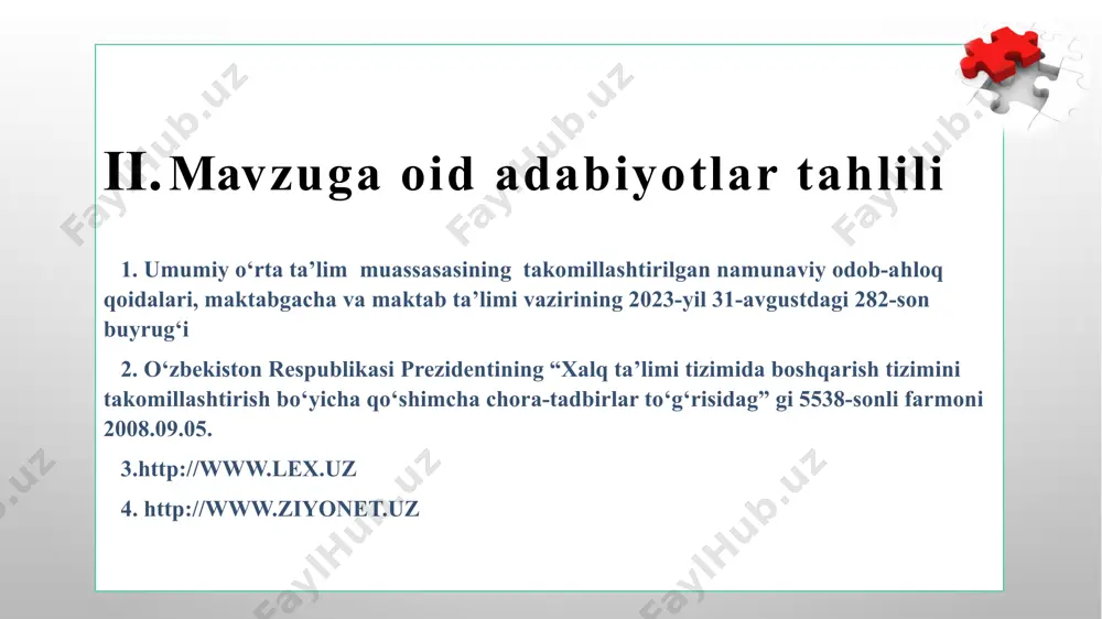 r ota’’, kabi nominatsiyalar berib, ota-onalarni taqdirlash zarur. ota-ona farzandi bilan birga ishtirok etadigan sport musobaqalari, bayram tadbirlari, sayohatlar, “ochiq eshiklar kuni” loyihalarni amalga oshirish kerak. pedagoglarimiz ota-onalar bilan ishlash metodlarini oshirib borish, birgalikda o‘quvchilarga motivasiya berish va rag‘batlantirish metodlari orqali hamkorlik qilish ota-onalarni ta’lim jarayoniga jalb qilish, shu jumladan sinfdan tashqari tadbirlar, ko’ngilochar kechalar, seminarlar tashkil etib, ta’lim rejalari va maqsadlarini muhokama qilish kerak. ota-onalar bilan sinf rahbarlar va fan o’qituvchilari o‘rtasida do‘stona munosabat o‘tnatish, o‘quv yili davomida bolaning imkoniyatlari va qobiliyatlari haqida ma‘lumot berib borishni tashkil etish. taklif chora-tadbirlar № muammo muammoning yechimini amalga oshirish mexanizmi masʼullar muddati natija 1 maktabning ota-onalar bilan hamkorligini muntazam yo‘lga qo‘yish 1.sinf ota-onalar yig‘ilishlarini o‘tkazish. 2.ota-onalarni maktab hayotiga jalb qilish direktor,ma’naviy-ma’rifiy ishlar bo‘yicha direktor o‘rinbosari. sinf rahbarlari sinf ota-onalar qo’mitasi raislari o‘quv yili boshida, har chorak yakunida ota-ona farzandining bilim olishidan, maktabdagi hatti- harakatidan bevosita xabardor bo‘ladi. 2 ota-onalarni farzandining ta‘lim-tarbiyasiga e’tiborini …