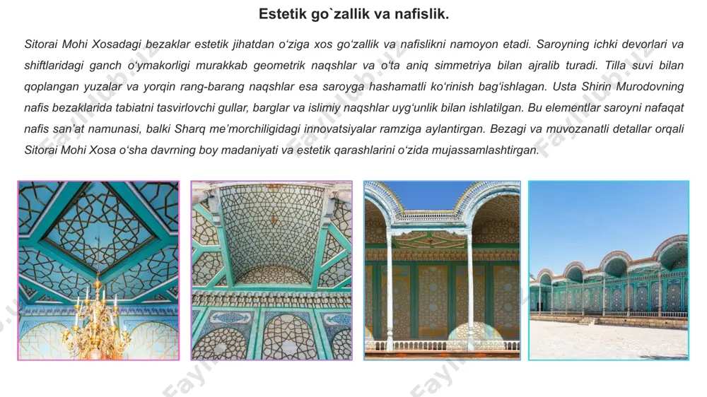 onga tashrif buyurgan mari burdonning “parijdan samarqandgacha” kitobidagi rasmlarga qaraganda, haram binolari ikki qavatli bo‘lib, yozgi ayvonlar, ayvonlar va yuqori qavatdagi o‘tish joylaridan iborat bo‘lgan. bino fasadlari va interyerining me’moriy dizayni xudoyorxonning ehtiyotkorligi va ziqnaligini o‘zida aks ettirgan. bosh fasad, darvozaxona va asosiy zallarni mo‘l-ko‘l bezatib, qolgan binolarni pardozlash bilan shug‘ullanmadi. sharqiy jabhaning markazida portal o'rnatildi, uning yon tomonida dekorativ chiroqli minoralar joylashgan bo'lib, u asosiy kirish eshigini ta'kidlaydi. e’tiboringiz uchun rahmat! image11.png image12.png image13.png image14.png image15.jpeg image16.png image17.jpeg image18.jpeg image19.jpeg image20.jpeg image21.png image22.jpeg image23.jpeg image24.jpeg image25.jpeg image26.jpeg image27.jpeg
