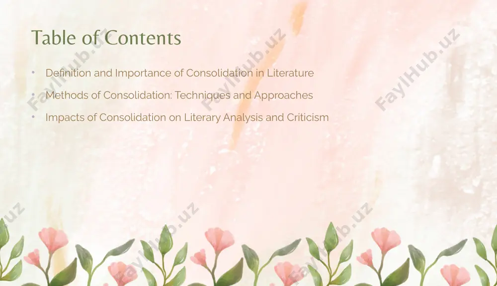 key techniques in consolidation literary consolidation can be achieved through various techniques. thematic integration involves weaving central themes throughout the narrative, while character development ensures that characters evolve in a way that supports the story's progression. additionally, narrative cohesion helps maintain a clear and engaging flow, allowing readers to connect with the text more deeply. presentation by olivia wilson understanding consolidation in literature exploring its impacts on analysis presentation by olivia wilson impacts on literary analysis techniques the consolidation of literary works often necessitates the adaptation of analytical techniques. critics must consider intertextual relationships and the blending of genres, which can enrich their interpretations. this shift encourages a holistic view of literature, where the connections between texts become as significant as the texts themselves. as a result, traditional analysis may evolve to incorporate these new dimensions. presentation by olivia wilson "i appreciate your time and focus." nigina erqulova  presentation …