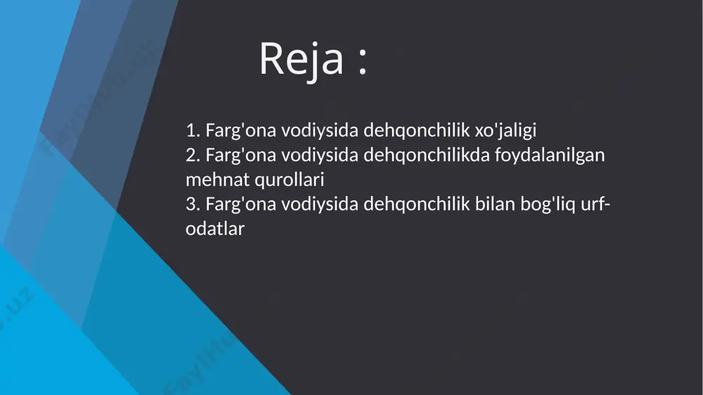g dehqonchilik xo'jaligida tobora yangidan-yangi qishloq xo'jalik ekinlari yetishtirila bordi. dehqonchilik insoniyatning eng qadimgi xo'jalik mashg'ulot turlaridan biri bo'lganligi bois ham qadimdan dehqonchilik uchun zarur bo'ladigan mehnat qurollari muhim ahamiyat kasb etgan. dunyoning qaysi hududida dehqonchilik vujudga kelgan va rivojlangan bo'lmasin, o'sha hududda ushbu mashg'ulot turi bilan bog'liq tarzdagi mahalliy o'ziga xos mehnat qurollari shakllanib, takomillashib borgan. dehqonchilik uchun zarur bo'ladigan mehnat qurollarining vujudga kelishi va ularning taraqqiyotiga sabab bo'luvchi omillar hamda shart- sharoitlar xususida fanda turli qarashlar va nazariyalar bayon qilingan. arxeologik materiallar dalolat berishicha, farg'ona vodiysida ham dehqonchilik mehnat qurollari dehqonchilik bilan bir vaqtda paydo bo'lgan. ushbu mehnat qurollari asrlar osha taraqqiy etib bordi. ma'lumki, dastlab toshdan yo'nib ishlangan mehnat qurollari paydo bo'lgan. keyinchalik tarixiy taraqqiyot jarayonda cho'yandan va so'ngra temirdan ishlangan dehqonchilik mehnat qurollari yaratilgan. umuman olganda mehnat qurollari ham insoniyat madaniyati bilan hamohang tarzda rivojlanib, taraqqiy etib borgan. demak, aytish mumkinki, mehnat qurollari etnos madaniyatini rivojlanish …
