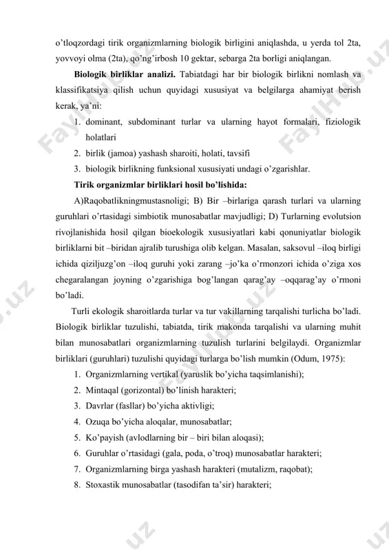 (fasllar) bo’yicha aktivligi; 4. ozuqa bo’yicha aloqalar, munosabatlar; 5. ko’payish (avlodlarning bir – biri bilan aloqasi); 6. guruhlar o’rtasidagi (gala, poda, o’troq) munosabatlar harakteri; 7. organizmlarning birga yashash harakteri (mutalizm, raqobat); 8. stoxastik munosabatlar (tasodifan ta’sir) harakteri; tirik organizmlar birliklarining chegaralari. tabiatda uchraydigan biologik birliklar guruhlarning chegarasi bir – biriga o’tib turadi, unday holat ekoton deb aytiladi. masalan, o’rmon va o’tloqzor chegarasi, daryo va dengizning qattiq va loyli muhiti guruhlari. bunday joylar chegara chetlari (ekoton) ham deb aytiladi. ekoton harakteridagi guruhlarida bir –biriga chegaradosh guruhlarni tashkil qiluvchi turlar uchraydi. lekin ayrim turlar faqat shu ekotonning o’ziga xos bo’ladi. ko’pincha ekotonda turlar soni, ularning qalinligi ikki tomondagi birlik (guruh)ga nisbatan ko’p bo’ladi; bunday holat chegara effekti deyeladi. biologik birliklarning xillari. quruqlikdagi turli biologik birliklarning taqsimlanishi shu yerning harorati va namligi kabi ekologik omillarga bog’liq. mo’tadil va boshqa hududlarda ham o’simlik turlari harorat va namlik o’zgarishi bilan o’zgarib boradi. lekin sovuq hududlarning …