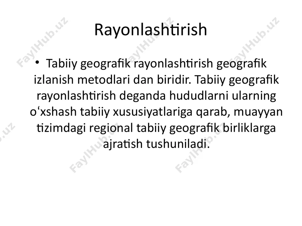 tlarga ega bo‘lishi lozim: 1. yer yuzasining tabiiy sistemalarga bo‘linishida va tabiiy geografik o‘lkalar orasida geografik o‘rni, orografiyasi va makrorelefining o‘ziga xos belgilari bo‘lishi kerak; 2. o‘ziga xos iqlim rejimiga (yog‘in-sochinning yil davomida taqsimlanishida), termik sharoitga ega va ular asosida nurash hamda tuproq hosil bo‘lish jarayonlarining o‘ziga xos bo‘lishi kerak. o‘zbekiston hududining qoraqalpog‘iston ustyurtidan tashqari hamma qismi turon tabiiy geografik provinsiyasi tarkibiga kiradi. qoraqalpoq ustyurti esa markaziy qozog‘iston provinsiyasiga kiradi. yevrosiyo o`rta osiyo turon jung`oriya-tyanshan markaziy qozog`iston pomir-tibet kichik provinsiya hududining morfostrukturasiga ko‘ra umumiyligi, vujudga kelishi va rivojlanish tarixining birligi, ayniqsa neogen va antropogen davrlarda umumiyligi hamda hududining o‘ziga xos zonal tipga ega ekanligi bilan ajralib turadi turon provinsiyasi tekislik tog` oldi – tog` okrug tabiiy geografik rayonlashtirishda taksonomik birlikning beshinchi pog‘onasi okrug. tekislik va tog‘ oldi-tog‘ kichik provinsiyalari doirasida bir-biridan yer usti yotqiziqlarining xarakteri, litologik tuzilishi, tog‘ tizmalarining umumiy yo‘nalishi, tog‘ yonbag‘irlarining quyosh nuriga nisbatan joylashishi (ekspozitsiyasi), chetdan keladigan …