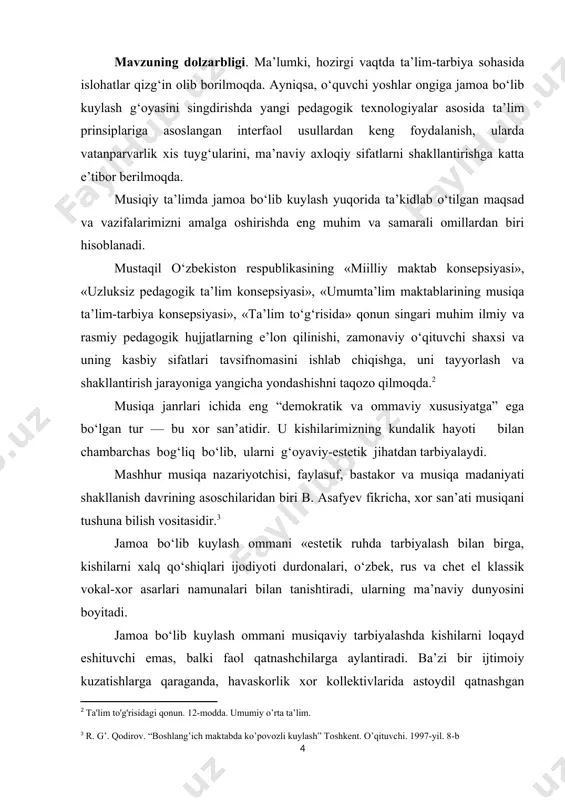 xor ijrochilik tajribasi ham katta rol o‘ynadi. tarix o‘tmishida xalqlar hayotida sodir bo‘lgan ijtimoiy o‘zgarishlar bilan birga, musiqa olamida ham, xususan, xor san’atida ham yangi yo‘nalishlar paydo bo‘ldi. shunday qilib, xor san’ati keng tarqalgan va ko‘p turlarga ega bo‘lgan janr.ta’kidlaganimizdek, umumestetik tarbiyaning muhim tomonlaridan biri, musiqiy tarbiya hisoblanib, xor san’ati esa musiqa madaniyatining tarkibiy va eng xalqchil qismini tashkil qiladi. jamoa bo‘lib kuylash madaniy hayotimizda keng o‘rinni tutgan, inson shaxsiyatini shakllantirishda muhim ahamiyat kasb etadigan san’at turidir. musiqa tarbiyasi esa, nafosat tarbiyasining asosiy va murakkab qirralaridan biridir, u atrofdagi go‘zal narsalarni to‘g‘ri idrok etishga va qadrlashga o‘rgatadi. o‘quvchilarga nafosatli tarbiya berishda umumta’lim maktablaridagi, musiqa madaniyati darslarini ahamiyati katta. o‘quvchilar nafosat hissini, san’at sirlarini tushunishni va qadrlashni, san’atdan bahramand bo‘lishni, avvalo maktablarda o‘rganadilar. nafosat didini shakllantirish uchun esa, musiqa madaniyati darslari bilan bir qatorda sinfdan tashqari musiqa tarbiyasini ahamiyati katta. chunki, sinfdan tashqari musiqa tarbiyasining ommaviy va to‘garak shakllarida bolalar yalpi …
