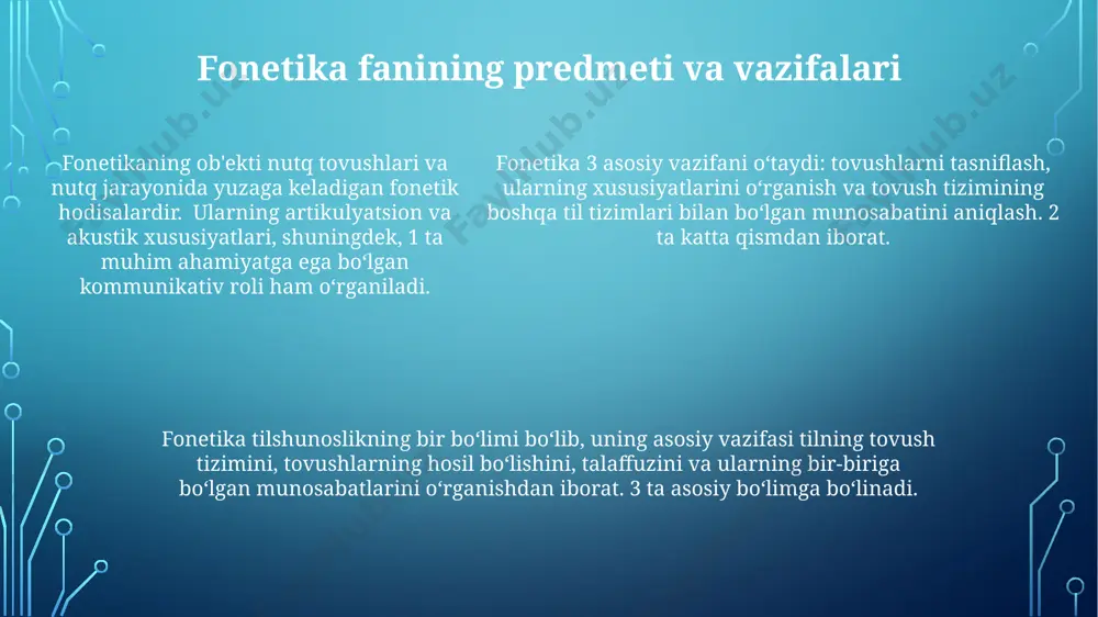 a boshqa 7 turdagi hodisalarni oʻrganadi. eksperimental fonetika eksperimental fonetika nutq tovushlarining akustik va fiziologik xususiyatlarini turli asbob-uskunalar yordamida o'rganadi. masalan, bu usul yordamida 20-20000 gts oraligʻidagi chastotali tovushlarni aniqlash mumkin. eksperimental fonetika yordamida tovushlarning cho'ziqligi yoki qisqaligi, undoshlardagi portlash yoki sirg'alish hodisasini aniq belgilash mumkin. bu esa nutq tovushlarining tasnifiga asos boʻladi. tekshirishning ushbu usuli nutq tovushlarining alohida belgi-xususiyatlarini aniq belgilashga imkoniyat yaratadi. masalan, shu usul vositasida 30 dan ortiq unli va undoshlarni aniqlash mumkin. oʻzbek tilshunosligida fonologik qarashlar oʻzbek tilshunosligida fonema nazariyasining shakllanishiga ye.d. polivanov, a. gʻulom, v.v. reshetov, a.m. shcherbak, f.abdullaev, sh.shoabdurahmonov, a.mahmudov, s.otamirzaeva, e.umarov, a.nurmonov kabi 10 dan ortiq tilshunos olimlar hissa qoʻshgan. oʻzbek tilida fonemalarni tasniflashda 6 ta unli va 22 ta undoshning umumiy xususiyatlarini aniqlash, ularning variantlarini ajratish, fonemalarning paradigmatiy tavsifini berish kabi muhim masalalar hal qilingan. oʻzbek tilida fonemalarni tasniflashda 6 ta unli va 22 ta undoshning umumiy xususiyatlarini aniqlash, ularning variantlarini ajratish, …