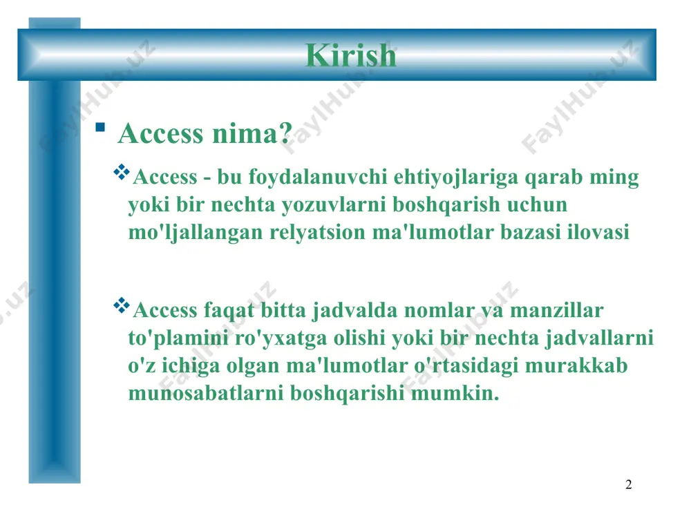 lki access ma'lumotlar bazasini boshqa ma'lumotlar bazasi turlariga qaraganda ancha oson ko'chirish imkonini beradi. alohida ma'lumotlar bazasi ob'ektlari turlarini qurishni boshlashdan oldin, avval ob'ektlarni o'z ichiga olishi uchun access ma'lumotlar bazasi faylini yaratishingiz kerak 7 jadvallar jadvalni loyihalash: jadval dizayni ko'rinishidagi panellardan foydalanib, bo'sh jadval tuzilishiga alohida maydonlarni qo'shishingiz mumkin yuqori panel - bu panjara va maydon nomi, tavsif matni va ma’lumotlar turini belgilash uchun ishlatiladi. pastki panel maydon xususiyatlari bo'limi bo'lib , maydon hajmi va boshqa atributlarni belgilash uchun ishlatiladi to'rdagi har bir qator bitta maydonga to'g'ri keladi; barcha maydonlar to'plami yozuvga guruhlangan access har bir jadvalning bitta maydonida ushbu yozuvni boshqalardan ajratib turadigan noyob yozuvlar mavjudligini bildiradi, bu asosiy kalit maydoni. birlamchi kalit maydoni maydon satrining chap tomonidagi qatorni tanlash oynasidagi kalit belgisi bilan belgilanadi. 8 jadvallar jadvalni loyihalash: har bir maydonda to'rda uchta mos ustun mavjud: birinchisi - maydon nomi maydon nomini belgilaydigan ustun ikkinchisi - ma'lumotlar …
