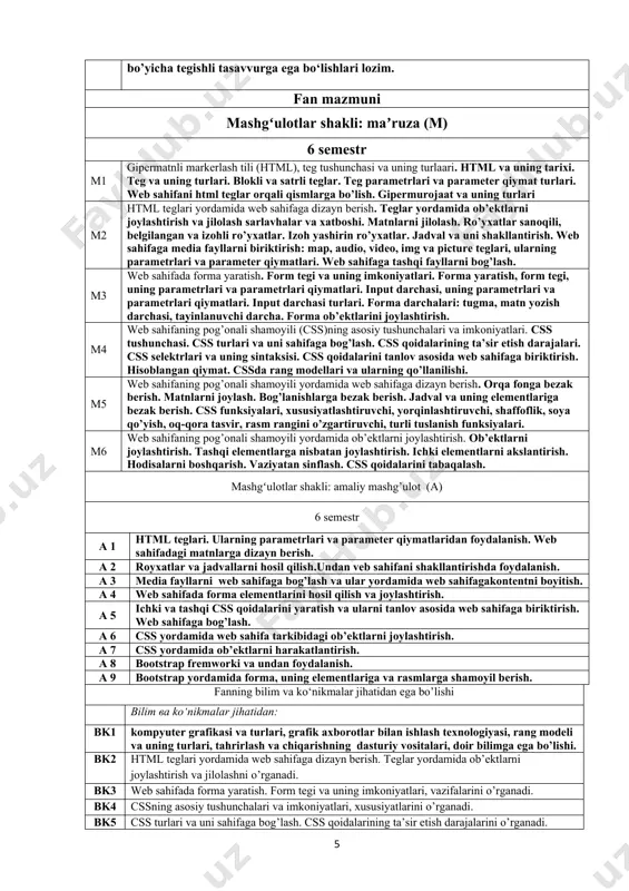 il ta’limni bajarish bo’yichaa talablar: mavzular va savollar o'qish materiallari u56u maktab web sahifasini yarating va tizimga joylashtiring. (css, php, mysql, javascript, bootstrap imkoniyatlaridan foydalaning) – (har bir talaba o’zi xohlagan maktabining web sahifasini tayyorlaydi) kompyuter garafikasi va web-dizayn mamarajabov m.e., “toshkent” darslik, - 2013, 93-108 b. sport buyumlari marketi web sahifasini yarating va tizimga joylashtiring. (css, php, mysql, javascript, bootstrap imkoniyatlaridan foydalaning) – (har bir talaba o’zi xohlagan sport buyumlari marketining web sahifasini tayyorlaydi) alaminov m., soatboeva n., o’razboyev n., web-dizayn asoslari, o’quv qo’llanma, “nukus” – 2017. 87-96 b. uy-joy loyihalari web sahifasini yarating va tizimga joylashtiring. (css, php, mysql, javascript, bootstrap imkoniyatlaridan foydalaning) – (har bir talaba o’zi xohlagan uy-joy loyihalari web sahifasini tayyorlaydi) best books for learning web design and coding fabrizio van marciano, usa, - 2020, 135-147 b. shirinliklar markazi web sahifasini yarating va tizimga joylashtiring. (css, php, mysql, javascript, bootstrap imkoniyatlaridan foydalaning) – (har bir …