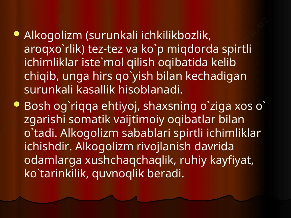 i narkotik moddalarni chekish mamlakat taraqqiyotiga, inson kamolotiga salbiy ta'sir etadi. shuning uchun ichkilik va nashavandlikdan saqlanishga da'vat etiladi. spirtli ichimliklar insonning ma'nan va aqlan rivojla-nishiga katta zarar yetkazadi. undan ortiqcha iste'mol qilgan kishi na oilasi uchun, na jamiyat uchun foyda keltiradi, balki ularga katta talafotlar keltiradi. '"kaykovus, yusuf xos hojib, beruniy, ibn sino, umar xayyom, sa'diy, alisher navoiy, bobur kabi do-nishmandlarimiz ham ichkilikbozlikning’ zararli oqi-batlarini ko’rsatib, odamlarni unga ruju qo’ymaslikka davat etganlar. alisher navoiy ichuvchi kishi «yomon itdek odamlarga o’z-o’zidan hamla qiladi. uni shunchaki yomon it emas, qopadigan it desa ham bo’ladi. ichishlik ham dard o’ti, ham suvidir: yo’q, u do’zax o’ti ham to’fon suvidir... bu o’tda to’rt unsurgina yonib, yo’q bo’lib ketmaydi, aql-u his, din-u islom ham yo’qoladi, deganlar. hakimlarning yozishicha, ichkilikka ruju qo’ygan kishida har turli illatlar paydo bo’ladi. ichkilik odamni subutsiz, beburd, yolg’onchi, razil kishiga aylantirib qo’yadi. u miyaga qattiq ta'sir etib, jigarni, asabni ishdan chiqaradi, …