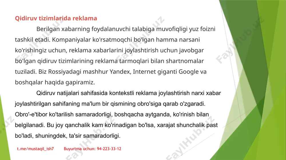 maradorlikni oshirishga qanday yordam berishining aniq misolini ko'rib chiqaylik. aytaylik, biz kichik sayyohlik agentligi uchun kontekstni ishga tushirmoqdamiz. yandex.direct-da reklama ishga tushirildi va bir hafta ichida 200 000 rubl sarflandi. biz yandex-ga boramiz. metrica va ushbu haftada biz 60 ta yangi mijozlarni jalb qildik. biz cplni hisoblaymiz: 200 000/60 = 3333 rubl. shu vaqt ichida biz xizmatlarimizni jami 1 000 000 rublga sotdik. oddiy formuladan foydalanib, biz roini hisoblaymiz: (1 000 000 - 200 000) / 200 000 * 100% umuman olganda, bizning roi 400% ni tashkil qiladi. asosan yaxshi, lekin yaxshiroq bo'lishi mumkin. biz o'tgan oydagi konvertatsiyani ko'rib chiqamiz va maxsus joylashtirishni bosish orqali saytga kirgan foydalanuvchilar buyurtmalarga yaxshiroq aylantirilganini ko'ramiz. shunga asoslanib, biz bir nechta kampaniyalar uchun maxsus joylashtirish uchun byudjetni qayta taqsimlaymiz. t.me/mustaqil_ish7 buyurtma uchun: 94-223-33-12 e’tiboringiz uchun rahmat ! t.me/mustaqil_ish7 buyurtma uchun: 94-223-33-12 image1.jpeg image2.jpeg image3.jpeg image4.png /docprops/thumbnail.jpeg