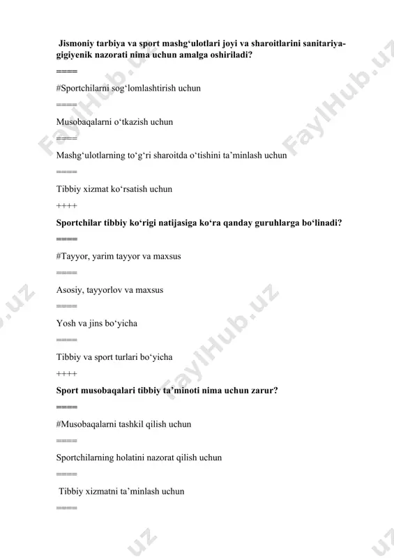 ri uchun nazorat markazi ++++ 1950 yilda tibbiy jismoniy tarbiya markazlari nima deb o‘zgartirildi? ==== #tibbiy jismoniy tarbiya kabinetlari ==== tibbiy jismoniy tarbiya dispanserlari ==== sportchilarni nazorat qilish markazlari ==== sportchilar salomatligi markazlari ++++ 1960 yilda toshkentda qanday o‘zgarish amalga oshirildi? ==== #tibbiy nazorat dispanserlari yopildi ==== shahar va respublika dispanserlari birlashtirildi ==== yangi sport markazlari ochildi ==== jismoniy tarbiya dasturi qayta ko‘rib chiqildi ++++ o‘zbekistonda birinchi sport tibbiyoti kafedrasi qachon tashkil etilgan? ==== #1935 yilda ==== 1948 yilda ==== 1958 yilda ==== 1963 yilda ==== 1958 yilda ++++ #1946-1950 yillardagi besh yillik dasturda necha shifokor tayyorlash ko‘zda tutilgan edi? ==== #100 ta ==== 230 ta ==== 300 ta ==== 400 ta ++++ 1932 yilda respublikada nechta shifokor kabinetlari mavjud edi? ==== # 2 ta ==== 3 ta ==== 5 ta ==== 10 ta ++++ 1948 yilda sog‘liqni saqlash vazirligi qanday ko‘rsatma chiqardi? ==== # tibbiy nazoratni kuchaytirish haqida ==== …