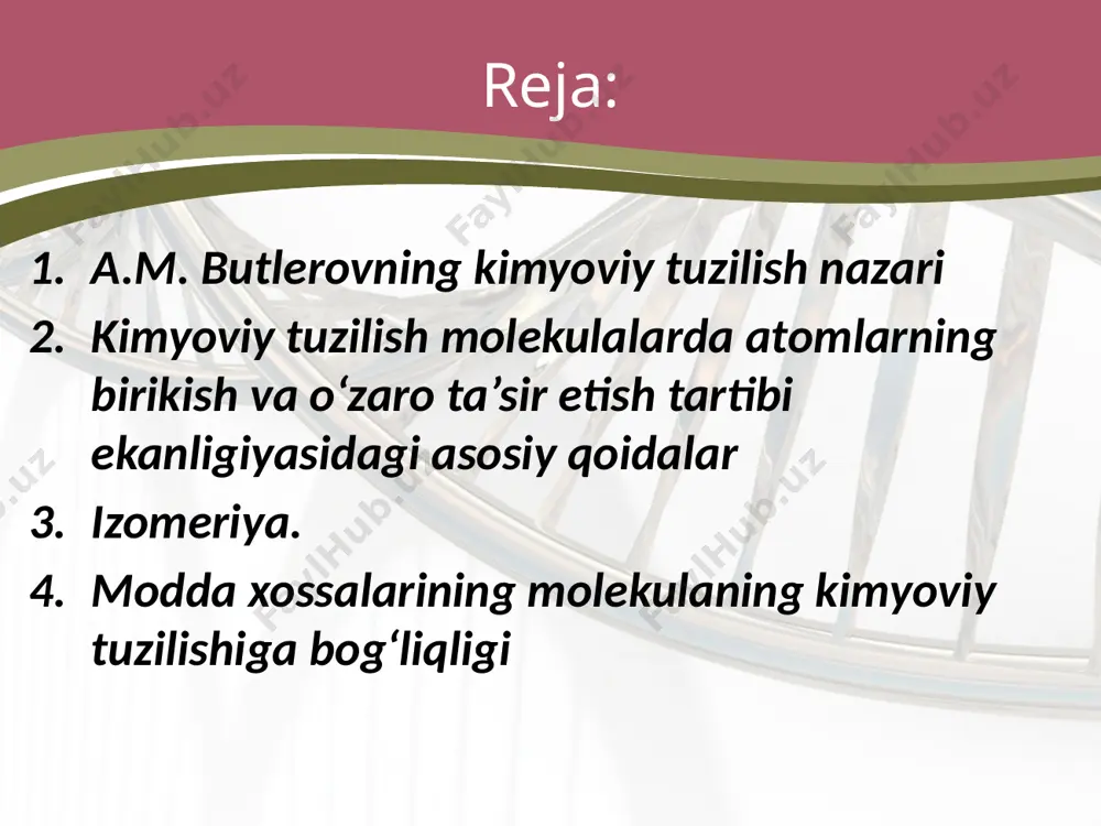 zilishga ega, deb qat’iy ta’kidladi. organik birikmaning kimyoviy tuzilishini uning kimyoviy xossalari va hosil bo‘lish reaksiyalarini o‘rganish yo‘li bilan aniqlash mumkin. ikkinchi holat. bir xil molekulyar massaga, sifat va miqdoriy tarkibga ega bo‘lgan, lekin kimyoviy tuzilishi, fizik va kimyoviy xossalari turlicha bo‘lgan moddalar izomerlar deb ataladi. a.m. butlerov bu hodisani tushuntirib bera oldi. uning ta’kidlashicha, izomerlar turlicha kimyoviy tuzilishga ega bo‘lganliklari uchun ham turli xil xossalarga ega bo‘ladi. uchinchi holat. xlorid kislotadan turli metallar vodorodni osonlik bilan siqib chiqaradi, suvdagi vodorod atomlarini esa faqat ishqoriy va ishqoriy-yer metallar siqib chiqara oladi. a.m. butlerovning fikricha, molekula hosil bo‘lishida atomlar bir-biri bilan kimyoviy moyillik hodisasi asosida o‘zaro ta’sirlashadilar. image2.jpg image3.jpeg image4.jpeg image5.jpeg image6.jpeg image7.jpeg image8.jpeg image9.jpeg image10.jpeg image11.jpeg image12.png image13.jpeg image14.jpeg image15.png image16.jpeg image17.jpeg image18.jpeg image19.jpeg image20.gif image21.png image22.jpeg image23.jpeg image24.jpeg image25.jpeg image26.png image1.jpg