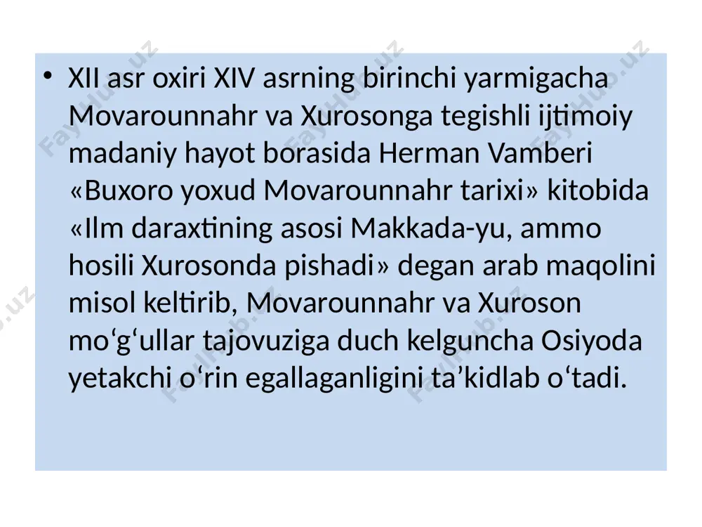 abalarning ta’lim va tarbiya olishlari uchun barcha sharoitlar yaratilgan. ularga har kuni to‘rt mahal issiq ovqat va iqtidorli talabalarga qo‘shimcha mukofotlar ajratilgan. madrasalarda ichki tartibintizomga qat’iy amal qilingan. madrasa nizomini buzgan talaba va xizmatchilar uch marotabagacha ogohlantirilgan, kamchilik yana takrorlansa, bunday shaxslar madrasadan chetlashtirilgan. xii asrning oxiri xiv asrning boshlarida so‘z ustalarining kattagina guruhi so‘fiylik – tasavvuf tariqati yo‘lidan bordilar. shuning uchun o‘sha davr kalom ilmi (qur’on tafsiri ilmi) va falsafasi (mushohada ilmi) hamma ilmlardan ustun turdi. bu ikki narsasiz ish bitmas edi. o‘sha davrdan boshlab savod o‘rgatish, qur’on va hadislarni o‘rganish46, ulardagi ko‘rsatmalarni o‘zlashtirish bilan birga olib borildi. shunga ko‘ra, qur’on va hadislardagi pand-nasihatlar ham olimlar, ham adiblar ijodiga ta’sir etgan image1.png /docprops/thumbnail.jpeg