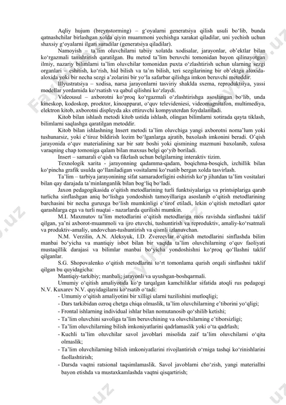 arur bo‘lgan joylarni ajratish (yozdirish); • ma’ruzalarni uning alohida holatlarini batafsil tahlil qilish imkonini beruvchi seminar-mashg‘ulotlari va amaliy mashg‘ulotlar bilan qo‘shib olib borish. ma’ruza metodidan foydalanganda ma’lumotlar, tushuntirishlar (izohlar) va faktlar ratsional ravishda taqdim etiladi. ma’ruza metodining afzalliklari: • aniq ilmiy bilimlarga tayanadi; • vaqtdan unumli foydalaniladi; • o‘qituvchi tomonidan o‘quv jarayonini to‘liq nazorat qilish imkoniyati paydo bo‘ladi. hikoya – uncha katta bo‘lmagan, ta’riflovchi xarakterga ega bo‘lgan o‘quv materialini monologik hikoya qiluvchi, xabar beruvchi bayon. tushuntirish – bayon qilinayotgan turli xolatlarni taxlil qilish, tushuntirish izox berish va isbotlash yordamida o‘quv materialini bayon qilish. to’rt pogonali metod – amaliy ko‘nikmalarni o‘zlashtirish jarayonining to‘rt pogonasi dorasida kechadigan metoddir. bu metod quyidagi bosqichlardan iborat: - tushuntirish; - nima qilish kerakligini ko‘rsatib berish; - ko‘rsatilgan tarzda qaytarish; - mashq qilish. to‘rt pogonali metodning asosiy belgisi – o‘quvchilarning xarakatlari o‘qituvchi ko‘rsatib bergan xarakatlar doirasi bilan cheklanganligidir. laboratoriya usuli – bu usulda ta’lim oluvchi ta’lim beruvchi …