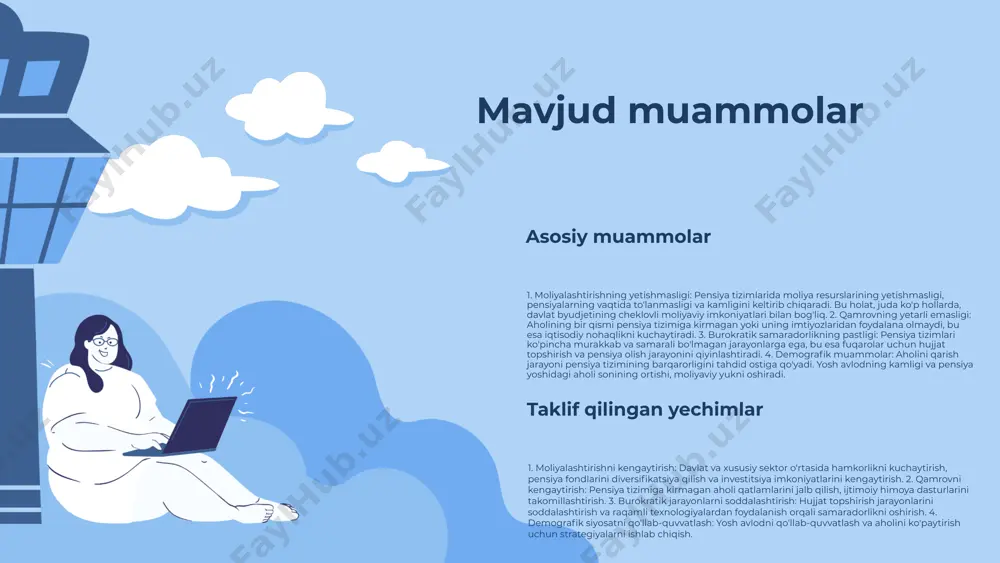 usullar qo'llaniladi, bu esa ijtimoiy adolatni oshirishga yordam beradi. 3. **kanada**: kanadadagi pensiya tizimi, ko'p qirrali yondashuv bilan, aholining turli qatlamlarini qo'llab-quvvatlaydi va pensiya daromadlarini oshirishga qaratilgan. ### o'zgarishlar va innovatsiyalar: - davlat pensiya tizimlarining modernizatsiyasi - shaxsiy pensiya fondlarining joriy etilishi - pensiya yoshining oshirilishi ### islohotlar maqsadlari: ijtimoiy adolat, barqarorlik va samaradorlikni ta'minlash uchun islohotlar zarur. pensiya tizimlarini yangilash, aholining pensiya ta'minotini yaxshilashga va iqtisodiy o'sishni rag'batlantirishga qaratilgan. mamlakatlararo solishtirish o'zbekiston va boshqa mamlakatlar o'zbekiston va boshqa markaziy osiyo mamlakatlari o'rtasida pensiya tizimlarida mavjud farqlar va o'xshashliklar mavjud. bu o'xshashliklar, shuningdek, har bir mamlakatning ijtimoiy himoya mexanizmlarini o'z ichiga oladi, bu esa o'zaro ta'sir va tajriba almashish imkoniyatlarini yaratadi. tajribalardan olingan saboqlar boshqa mamlakatlarning pensiya tizimlaridan olingan saboqlar, o'zbekiston uchun muhim ahamiyatga ega. o'zbekiston ushbu tajribalarni inobatga olib, ijtimoiy himoya tizimini yanada takomillashtirish va rivojlantirish uchun strategiyalar ishlab chiqishi kerak. innovatsion yondashuvlar: texnologiya va raqamlashtirish raqamli texnologiyalar pensiya …