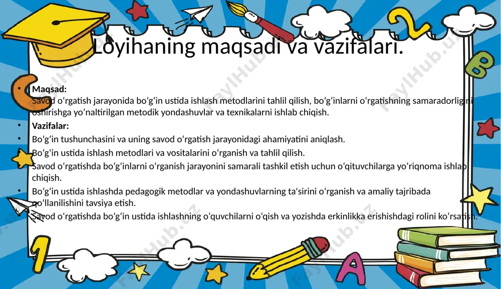adi. o‘quvchilar so‘zlarni to‘g‘ri va tezroq o‘qishga o‘rganadilar. savod o‘rgatishda bo‘g‘inning ahamiyati quyidagicha ifodalanadi: nutq rivojlanishiga ta’siri – o‘quvchilar aniq, ravon va to‘g‘ri gapirishni o‘rganadilar. fikrlash jarayoniga ta’siri – so‘zlarni bo‘g‘inlarga ajratish orqali bolalar mantiqiy fikrlashni rivojlantiradilar. mustaqil o‘qish va yozishga tayyorlaydi – bo‘g‘inli o‘qish usuli bolalarga yangi so‘zlarni tushunish va to‘g‘ri yozishni o‘rganishga yordam beradi. 2. bo‘g‘inning ahamiyati savod o‘rgatishda bo‘g‘inlar bilan ishlash muhim bosqichlardan biri bo‘lib, bolalarning o‘qish va yozish ko‘nikmalarini shakllantirishga yordam beradi. ushbu jarayonda turli metod va vositalardan foydalanish o‘quvchilarning bo‘g‘inlarni to‘g‘ri talaffuz qilish, tanish va yozishga o‘rgatishda samarali bo‘ladi. ii. savod o‘rgatishda bo‘g‘in ustida ishlash metodlari 2.1. bo‘g‘inlar bilan ishlashda qo‘llaniladigan metodlar va vositalar 1. bo‘g‘inlar bilan ishlash metodlari 1.1. analitik metod so‘zlarni bo‘g‘inlarga ajratish va ularni tahlil qilish orqali o‘rgatiladi. o‘quvchilar so‘z tarkibidagi bo‘g‘inlarni aniqlash va ularning tovush tarkibini o‘rganadilar. misol: "kitob" so‘zi "ki-tob" tarzida ajratiladi va har bir bo‘g‘inning talaffuzi tahlil qilinadi. 1.2. …