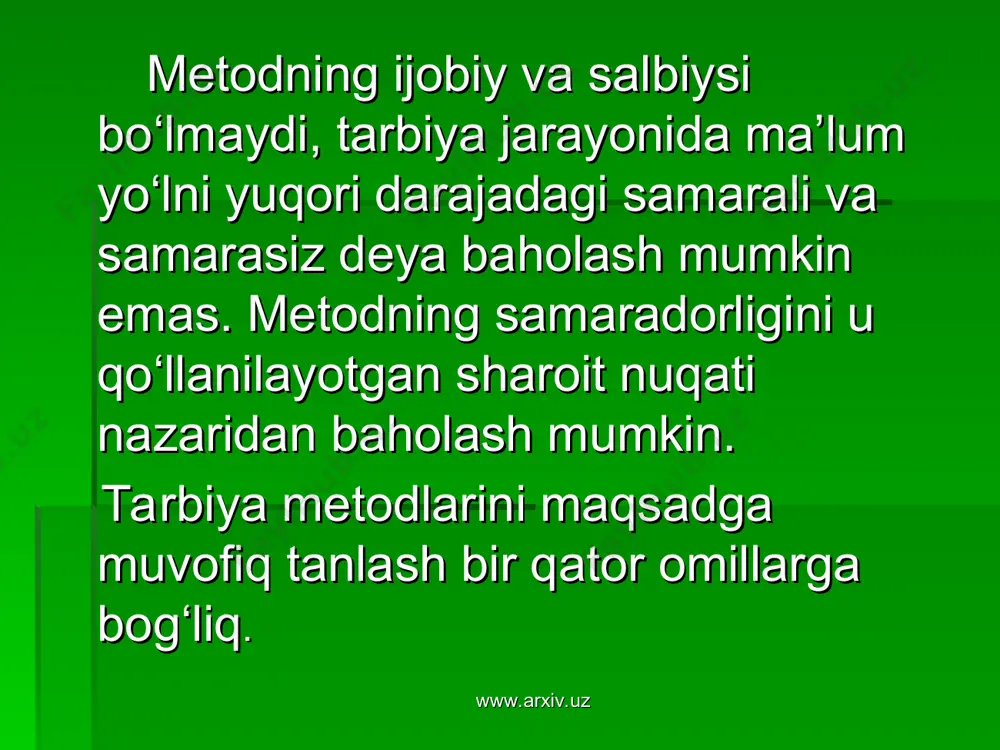 adoqat ruhida tarbiya berishning ahamiyati katta. shu sababli davlat bayrog‘i, gerbi, madhiyasi hamda konstitutsiyasining mohiyati tushuntirialdi. www.arxiv.uz www.arxiv.uz suhbat suhbat. o‘quvchi shaxsini g‘oyaviy va ma’naviy-axloqiy jihatdan shakllantirishda o‘qituvchining jonli so‘zi eng ta’sirchan usul hisoblanadi. suhbat uchun mavzu tanlashda uning mazkur sinf o‘quvchilari uchun dolzarbligi, o‘quvchilarda ma’naviy-axloqiy ishonch uyg‘otishning suhbat mazmuniga bo‘lgan munosabatlari va suhbatdan kutilayotgan natijani hisobga olish zarur. suhbat quyidagi mavzularda uyushtirilishi mumkin: a) etik mavzular (ijtimoiy ma’naviy-axloqiy me’yorlar, jamiyatda ustuvor o‘rin tutuvchi ijtimoiy munosabatlar, jamoa orasida o‘zini tutish qoidalari va boshqalar); b) estetik mavzular (tabiat go‘zalligi, shaxslararo munosabatlar, inson go‘zalligi); v) siyosiy mavzular (davlatning ichki va tashqi siyosati, dunyo voqealari, halqaro munosabatlar va boshqalar); g) ta’lim va bilishga oid mavzular (koinot, hayvonot va o‘simliklar dunyosi, elektronika va boshqalar). www.arxiv.uz www.arxiv.uz suhbat suhbatlarning, shuningdek, ijtimoiy-foydali mehnatni tashkil etish, huquqiy, ekologik, iqtisodiy va gigienik mavzularda ham tashkil etilishi o‘zining ijobiy natijalarini beradi. suhbat davomida o‘quvchilarga ularning o‘z fikrlarini erkin ifoda …