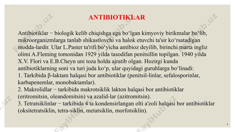 lotali muhitida benzilpe-nitsillinlar parchalanadi va shuning uchun faqat parenteral yo‘l bilan kiritiladi. 15 benzilpensillinning na yoki k li tuzlarining ta'siri tax-minan 3-4 soat davom etadi. shu sababli ularni sutka davomida 5-6 marta kiritish kerak, bu ancha noqulay. har xil yiringli kasalliklarni davolashda qo‘laniladi: yaralar, yiringli plevrit, septik endokardit, pnevmoniyalar, bronxitlar, angina, difteriya, kuydirgi, epidemik meningit, zahm, so‘zak, qoqshol va boshqalar. benzilpensillinlar get dan yomon o‘tadi, shuning uchun meningitni davolash uchun uni orqa miya kanaliga kiritiladi. benzilpensillinning novokainli tuzi yomon eriydi, suspen-ziya sifatida m/i kiritilib, sekin so‘riluvchi antibiotik depo-sini hosil qiladi. ta'siri taxminan 24 soat davom etadi. bitsilin-1. benzilpenitsillinning dibenziletilendiaminli tuzi, ta'siri taxminan 7-10 kun davom etadi. bitsilin-3. benzilpenitsillin, novotsilin va bitsilin-1 ning teng qismlaridan iborat aralashma. tez va davomli ta'sir ko‘rsa-tadi. bitsilin-5. to‘rt qism bitsillin-1 va bir qism benzilpenisillinning novokainli tuzidan iborat. 1 oyda bir marta kiri-tiladi. 16 fenoksimetilpenitsillin miy da parchalanmaydi. mog‘or zamburug‘larining yashash muhitiga fenoksi sirka kislotasini qo‘shish …