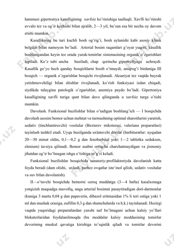 n (angiotenzin 1ning angiotenzin 2 ga aylanishiga ta’sir etuvchi blokatorlar) — enalampril (enamp, enam, renitek), ramipril, lizinpril qo’llanilmoqda. siydik haydovchi vositalardan gipotiazid, triampur, magniy sulfat (20% li 10 ml eritmasi mushak orasiga) yaxshi naf beradi. gipertoniya kasalligi zaminida yuraktomirlar yetishmovchiligi rivojlanganda bemorlarga ayrim preparatlar (masalan, strofantin) ni ehtiyotlik bilan tayinlash lozim. natija yetarlicha bo’lmaganda ko’pgina bemorlarga benzogeksoniy, pentamin— tegishlicha 1ml dan mushak orasiga (venaga yaborish ham mumkin) yoboriladi. gangliylarini blokada qiladigan vositalarni yuborganda meditsina xodimi bemorni tinmay kuzatib borishi lozim, chunki bunda arterial bosim keskin pasayib ketishi va miyada qon aylanishi buzulishi mumkin. gipertonik kriz vaqtida eng avvalo, bemorga jismoniy va ruhiy osoyishtalikni ta’minlash kerak (o’rinda yotish rejimi, sokinlik), bemor yotgan xonadagi chiroq yorug’ bo’lmasligi kerak. uning oyoqlariga grelka yoki gorchichniklar, muz yoki sovuq suvga ho’llangan, vaqt-vaqtida almashtirib turiladigan sochiq qo’yiladi. bunda bemorning sovuq qotib qolmasligi uchun barcha ehtiyot choralarini ko’rish lozim. mushak orasiga 20 mg gacha 25 %li magniy …